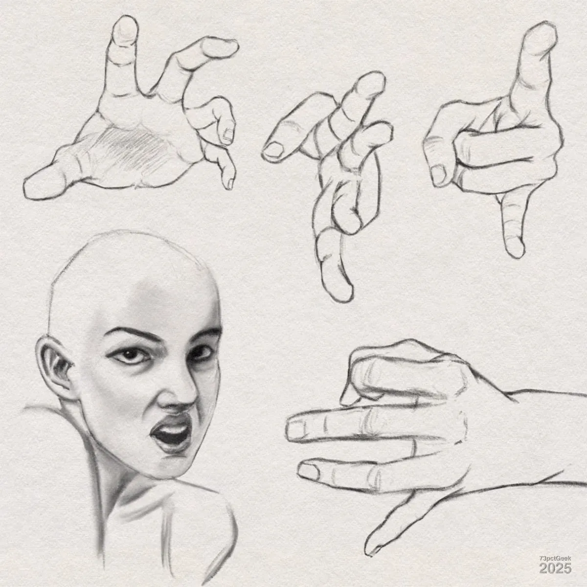 Digital graphite of five hand studies in different dynamic gestures and angles, and an unfinished sketch of head with an attempt at an expressive face, mouth open as if or shouting. The hands have fingers spread or curled in various positions, showing anatomy and motion. The drawing style is realistic with attention to shading and line work.