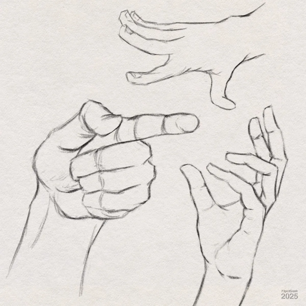 Digital graphite sketches of three different hands. The top hand is drawn with fingers stretched apart, viewed from the side. The lower left hand is in a gesture with the index finger extended and pointing, thumb slightly bent and pressed against it, and other fingers curled inward. The lower right hand is partially open with palm facing slightly toward the viewer and fingers naturally curved.