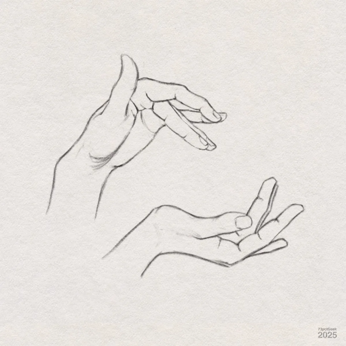 Digital graphite sketch of a pair of hands. One hand is above the other, with fingers gently curved and slightly spread as if about to touch something delicate. The lines are clean and the overall style is simple.