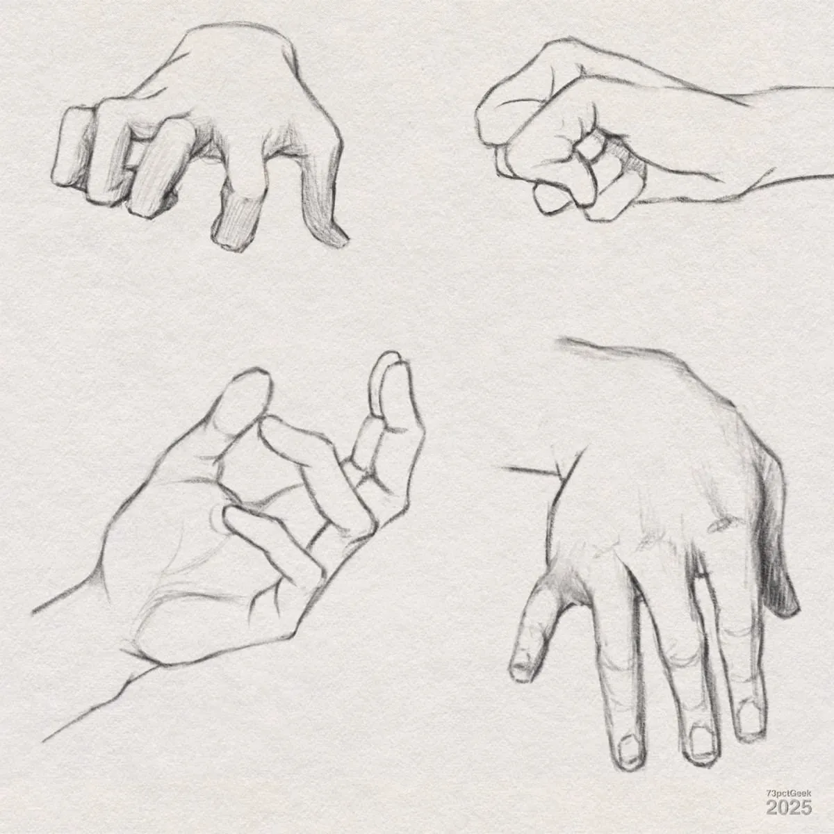 Digital graphite sketches of four different hands. Each hand displays a distinct gesture: the top left shows a hand with fingers curled, almost claw-like; the top right has a closed fist; the bottom left depicts a relaxed hand palm up; the bottom right features a hand with fingers extended and slightly spread, palm down.