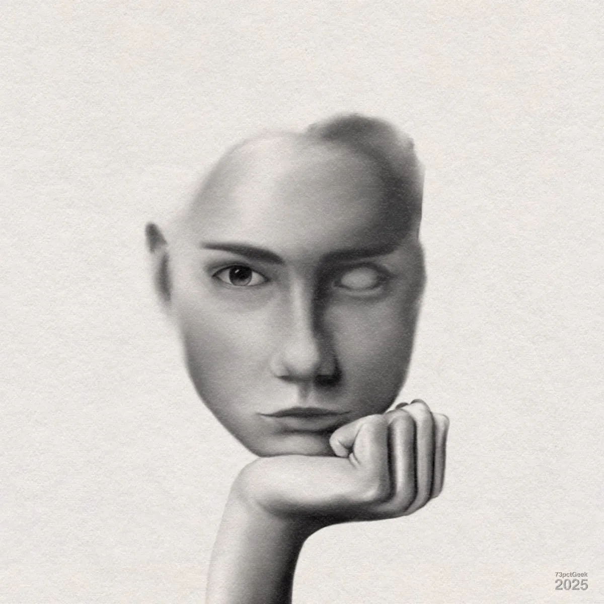 Unfinished digital charcoal drawing of a human face resting on a hand. The face is realistic but incomplete, with the right side of the head fading away into the blank background. The right eye appears empty or clouded, lacking detail, while the left eye gazes directly outward.