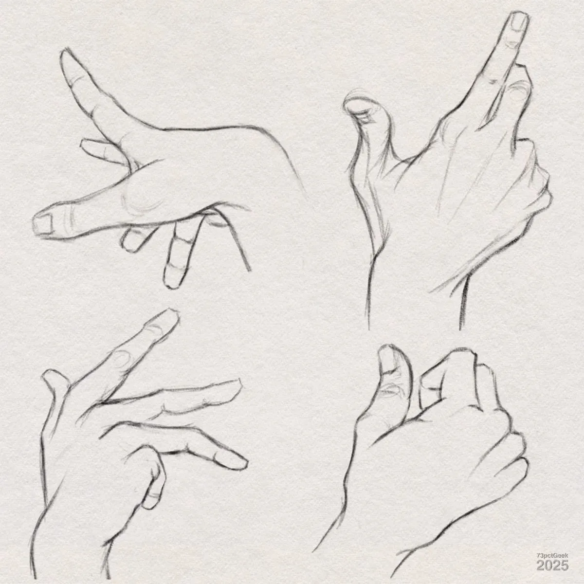 Digital graphite sketches of four different hand poses. Each hand is drawn with light, expressive lines, showing different gestures: the top left hand spread with fingers pointing outward, top right has the index finger pointed up, bottom left shows fingers extended and slightly curved, and bottom right forms a loose fist with the thumb on top.