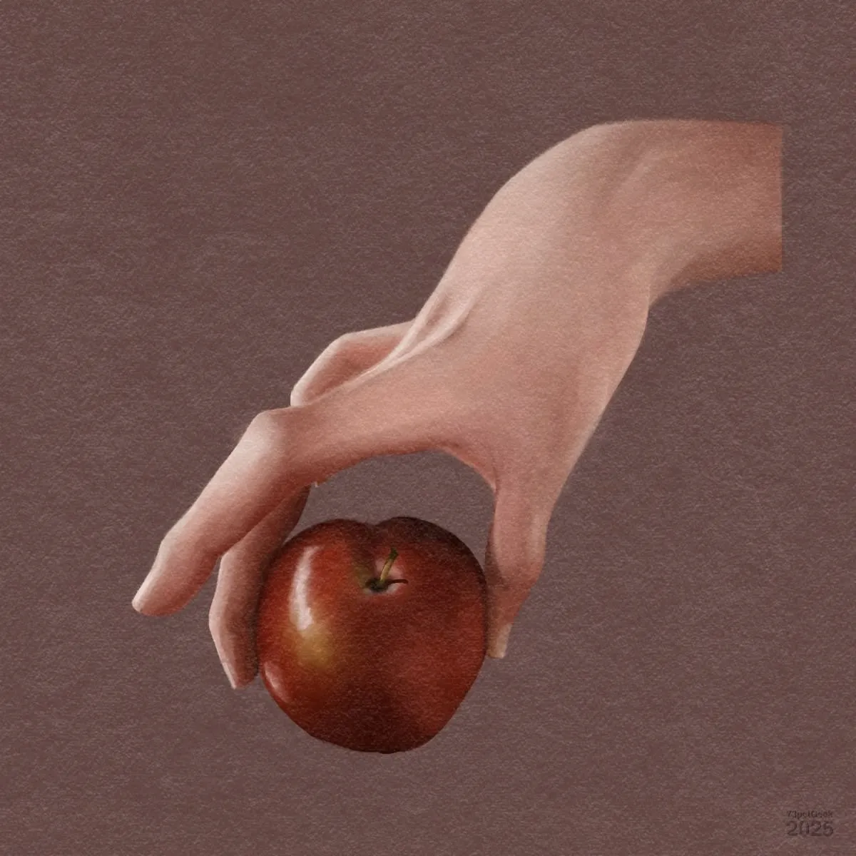 Digital painted study of a hand delicately holding a red apple between the thumb and fingers. The background is a solid, soft brown colour. The hand's pose is elegant, and the apple appears shiny and fresh with a visible stem.