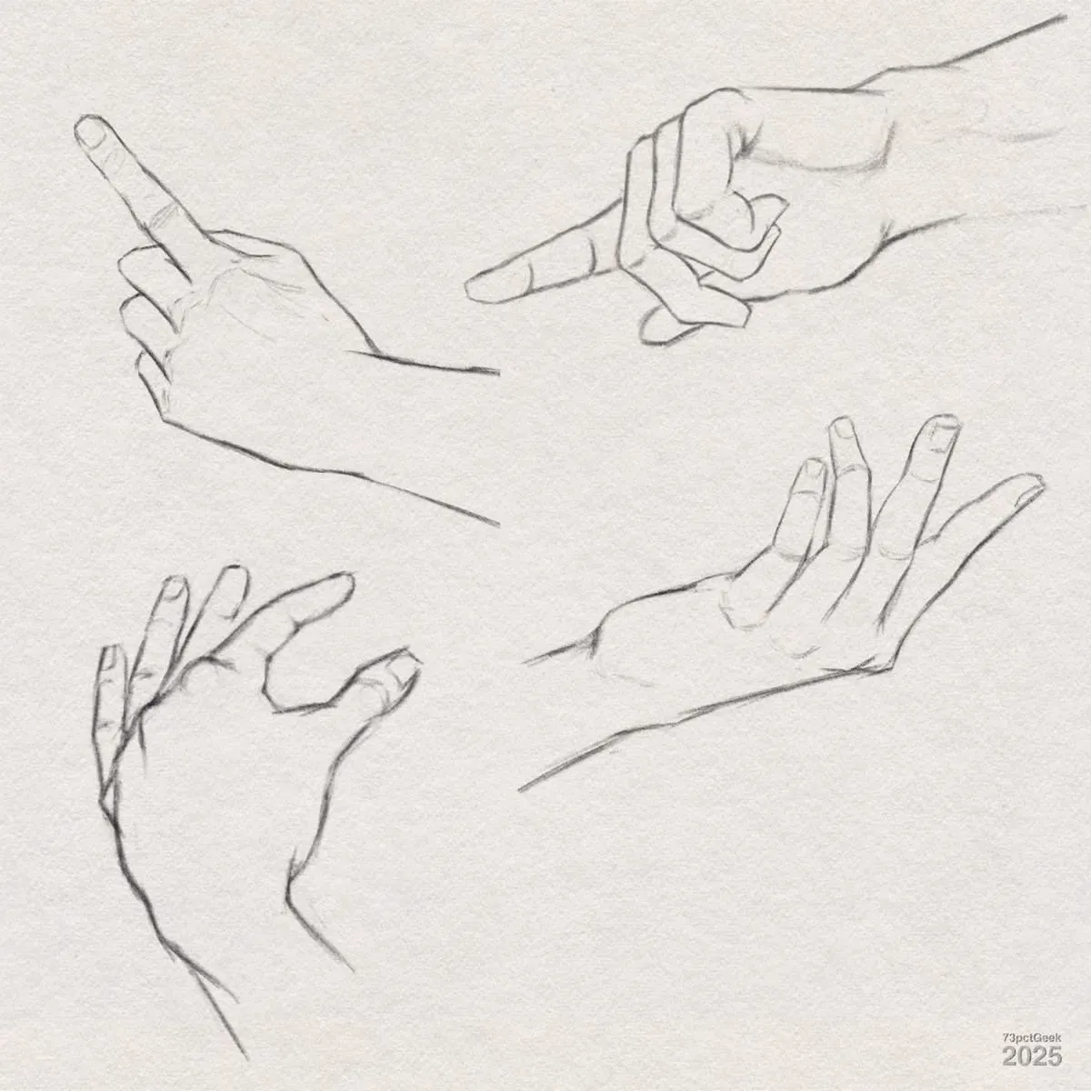 Digital graphite sketches of four different hands. The top-left hand points upward with the index finger extended. The top-right hand also points with the index finger, but tilts downwards and is viewed more from the side, with other fingers curled in. The bottom-right hand is open, palm-up, and the fingers are spread apart in a dynamic, relaxed gesture. The bottom-left hand is gently curled, almost as if clasped against something rounded.