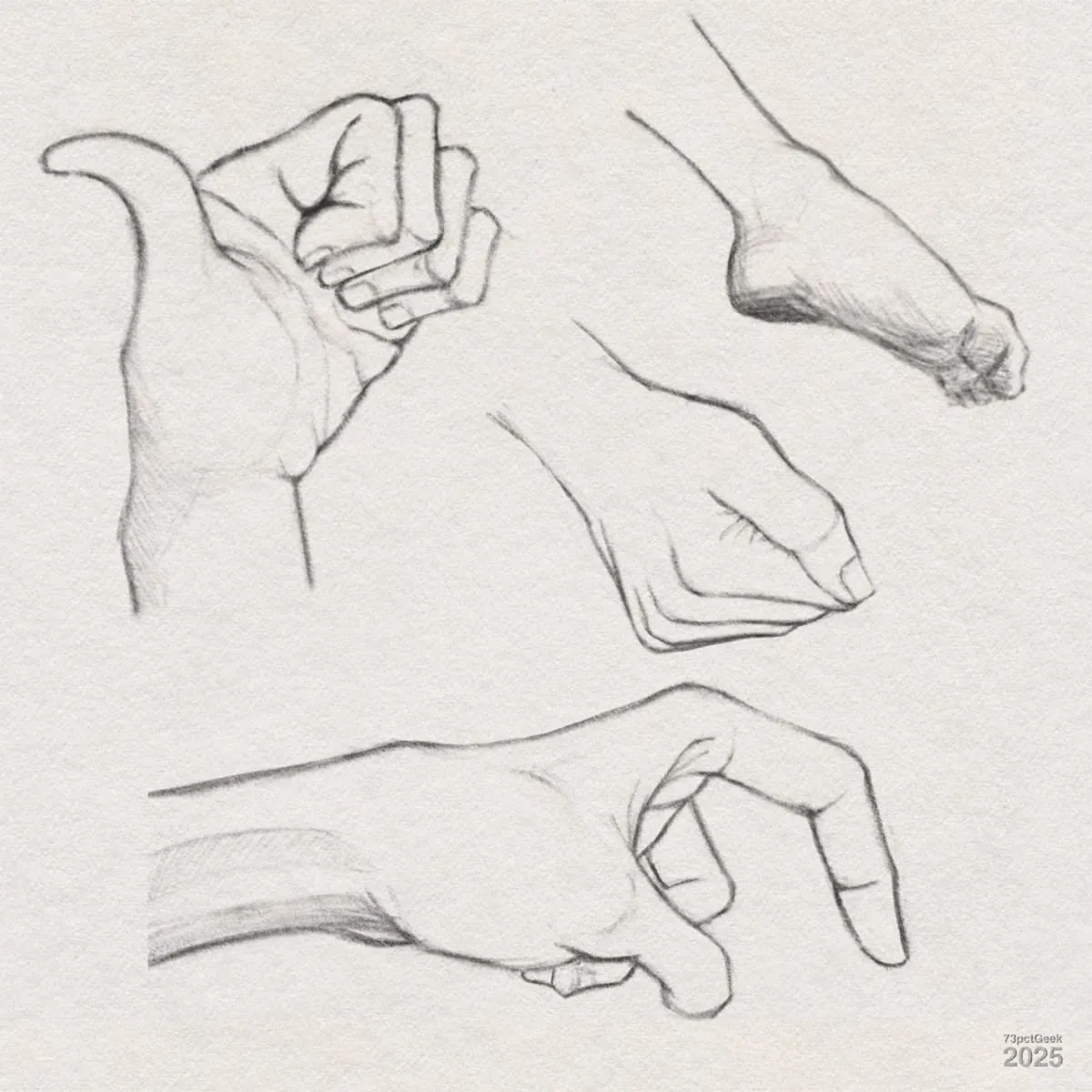 Digital graphite sketches of three different hands and a single foot. The first hand (top left) is open with the thumb extended outward and fingers curled inward toward the palm. The second hand (top right) is shown in a fist, angled downward, with the knuckles facing forward. The third hand (bottom) is positioned horizontally with the index finger extended, in an almost pinching gesture, while the other fingers are curled. The foot is pointed with toes curled and viewed mostly from below. The shading and line work add dimensionality.