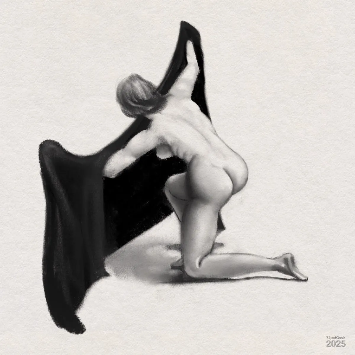 Digital charcoal study of a nude woman kneeling on one knee, holding up a piece of draped black cloth with both hands. The figure is viewed from the back, highlighting the contours of their body and the subtle shading of their skin.