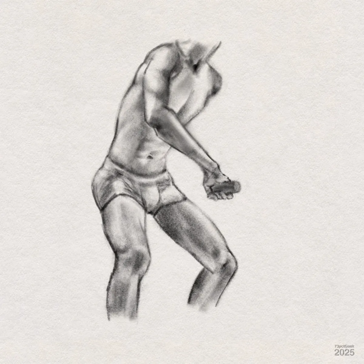 Digital graphite study of a male figure in fitted shorts. He is in a dynamic pose with one arm bent and holding a small rectangular object. The picture shows a muscular torso, legs, and arms, but the head, legs, and part of one arm are left unfinished.