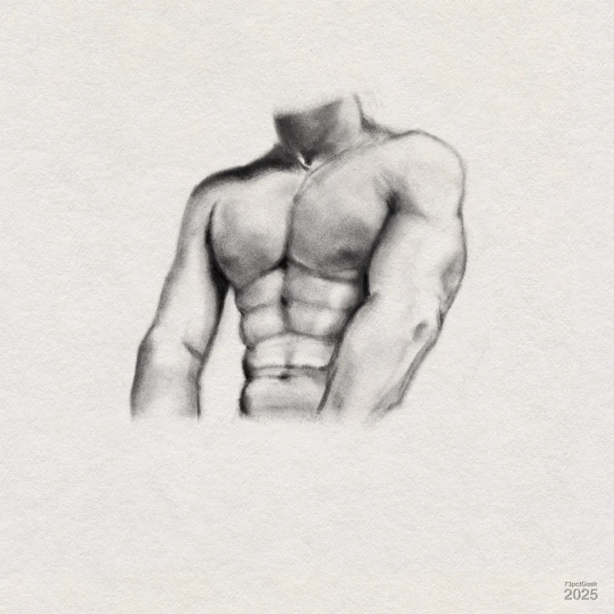 Digital graphite study of a muscular male torso. The figure is headless and extends from just above the shoulders to slightly below the waist. The anatomical details show defined chest muscles, pronounced abs, and strong arms. The shading emphasizes the muscular structure.