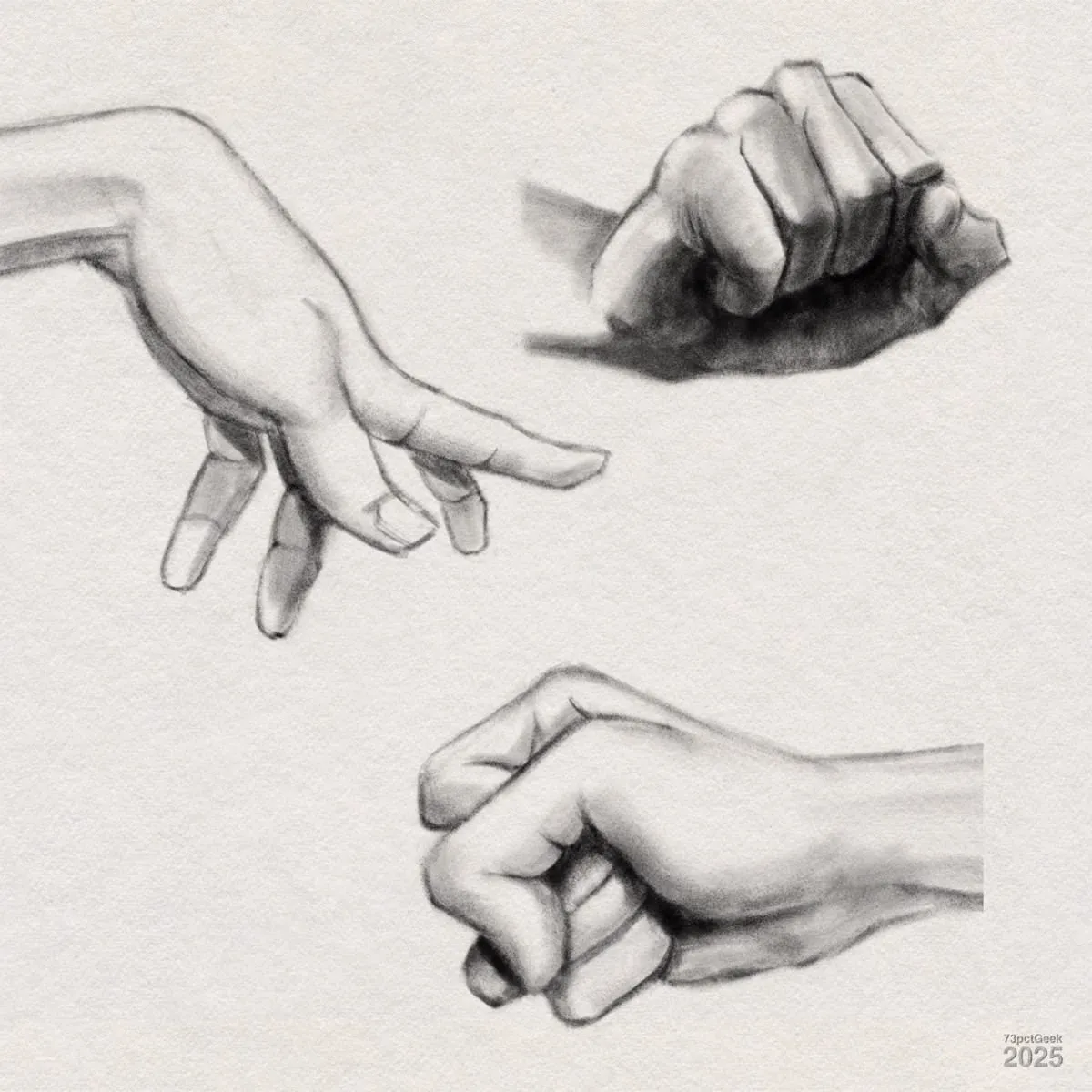 Digital graphite sketch of three different hands. The top hand is clenched into a tight fist with the knuckles facing forward. The left hand is open with fingers extended and relaxed, while the bottom hand is forming a loose fist with the thumb tucked under the fingers. The shading captures the form and contours of the hands.