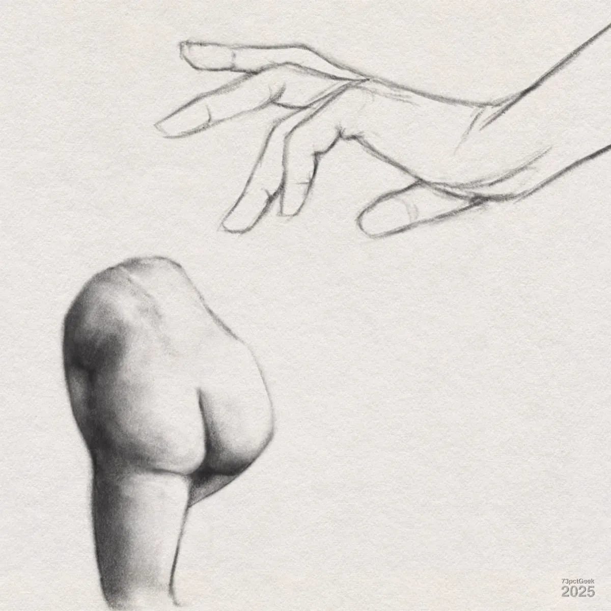 Digital graphite sketch of a hand and a nude lower torso and upper thigh. The hand is positioned above, reaching downward with relaxed fingers. Below, there is a shaded drawing of a person's back, exposed buttocks and upper thighs, shown from behind.