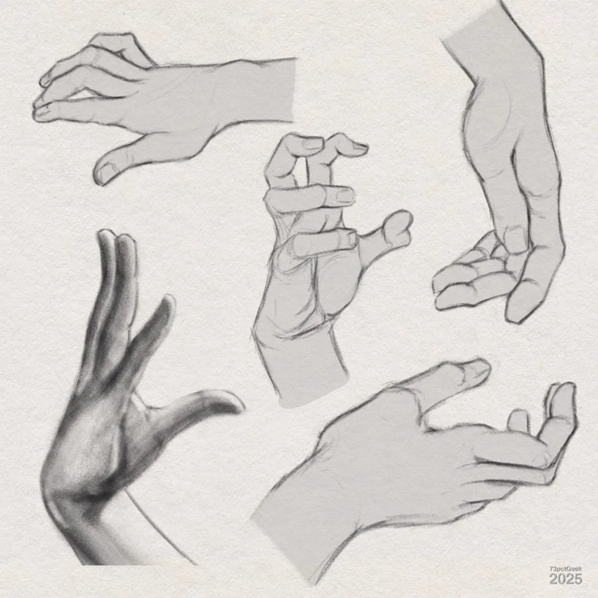 Digital graphite sketches of five hands in various positions. Four hand drawings have a light background, each showing different gestures or angles, the fifth is shaded. The shading and line work suggest attention to the anatomy and structure of the hands.