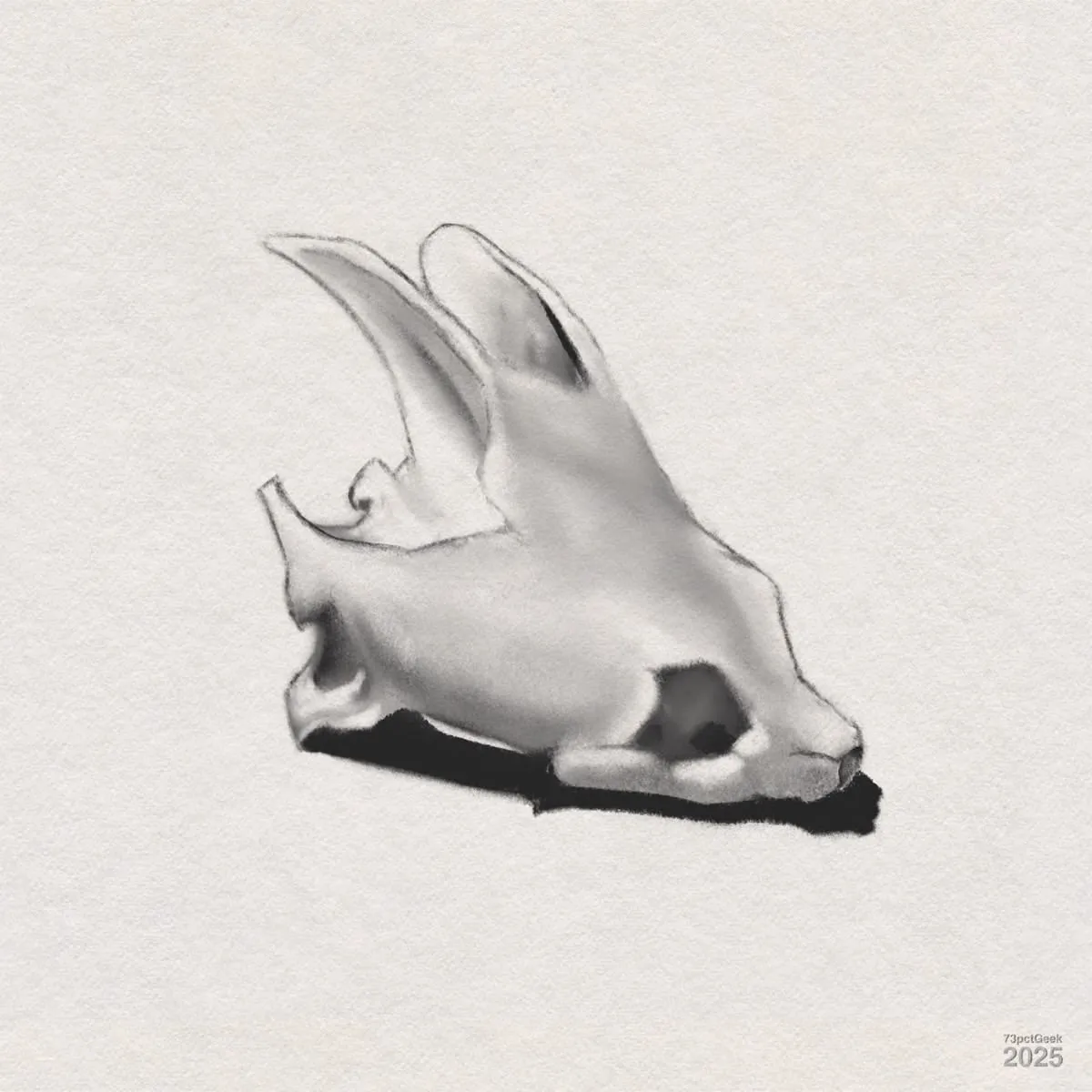 Digital charcoal and graphite drawing of an animal skull. The skull features two prominent upward-curving projections and a pronounced snout. Its eye sockets are dark and hollow, and the shading creates a soft effect.