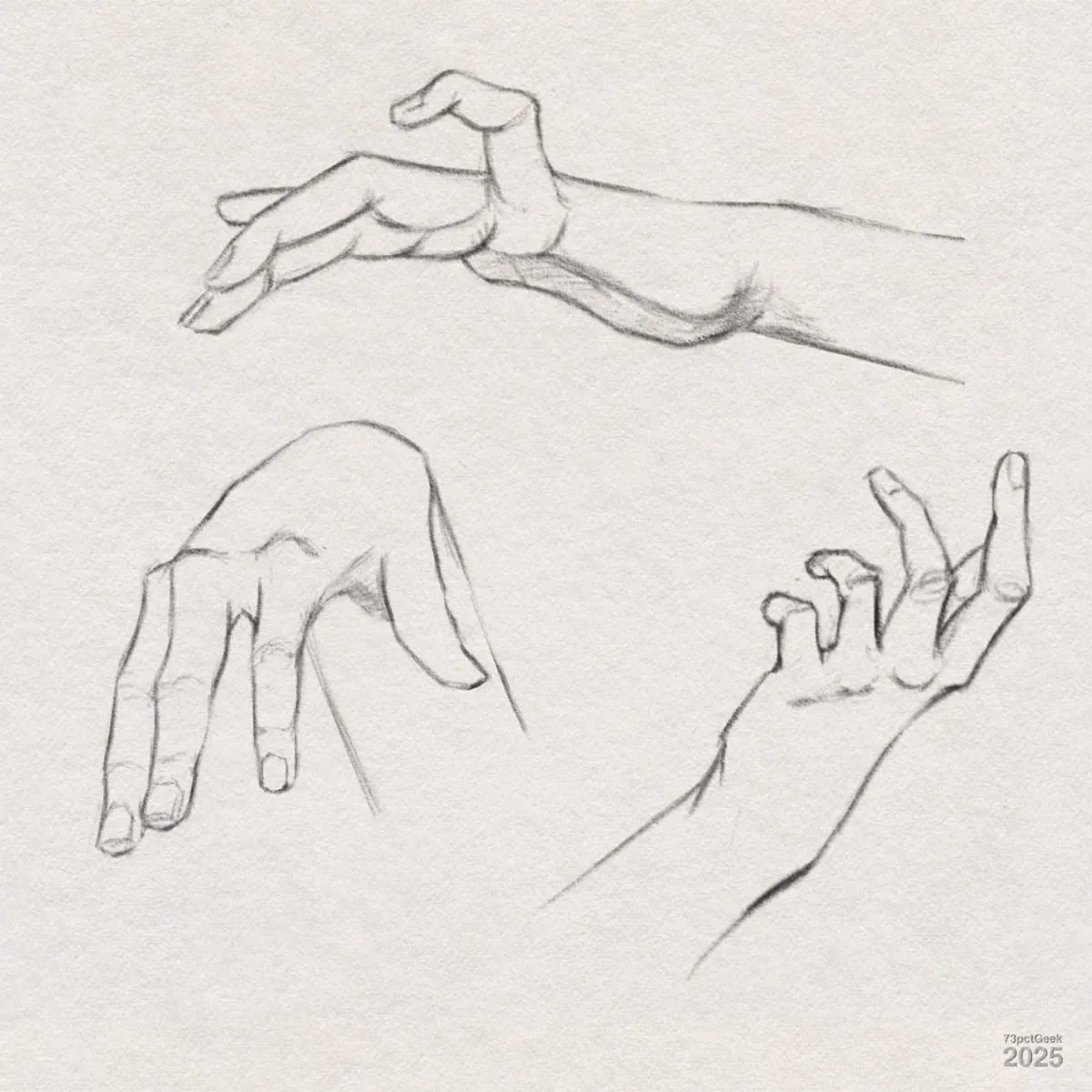 Digital graphite sketches of three different hands.