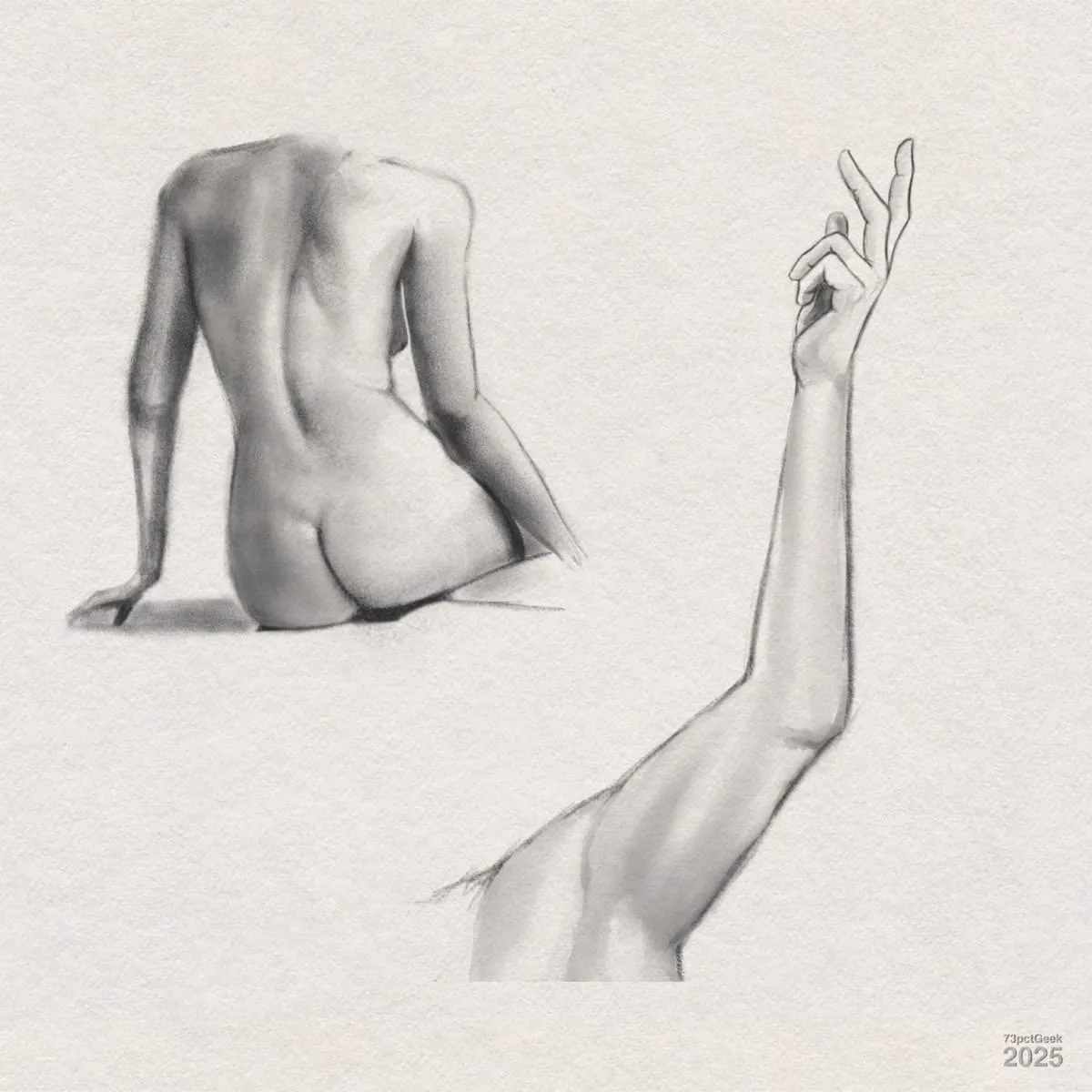 Digital graphite sketch of two anatomical studies: the upper left depicts the back view of a seated nude figure, highlighting the shoulder blades, spine, and musculature, with one arm supporting the body; the lower right presents a detailed study of an outstretched arm and hand with fingers gracefully extended.