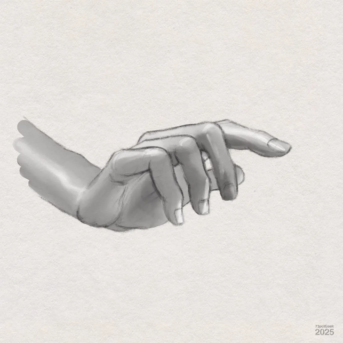 Digital graphite and paint sketch of a hand, palm angled slightly upward with fingers relaxed and gently curved. The thumb and index finger are more extended while the middle, ring, and pinky fingers are more bent. The shading emphasizes the form and contours of the hand.