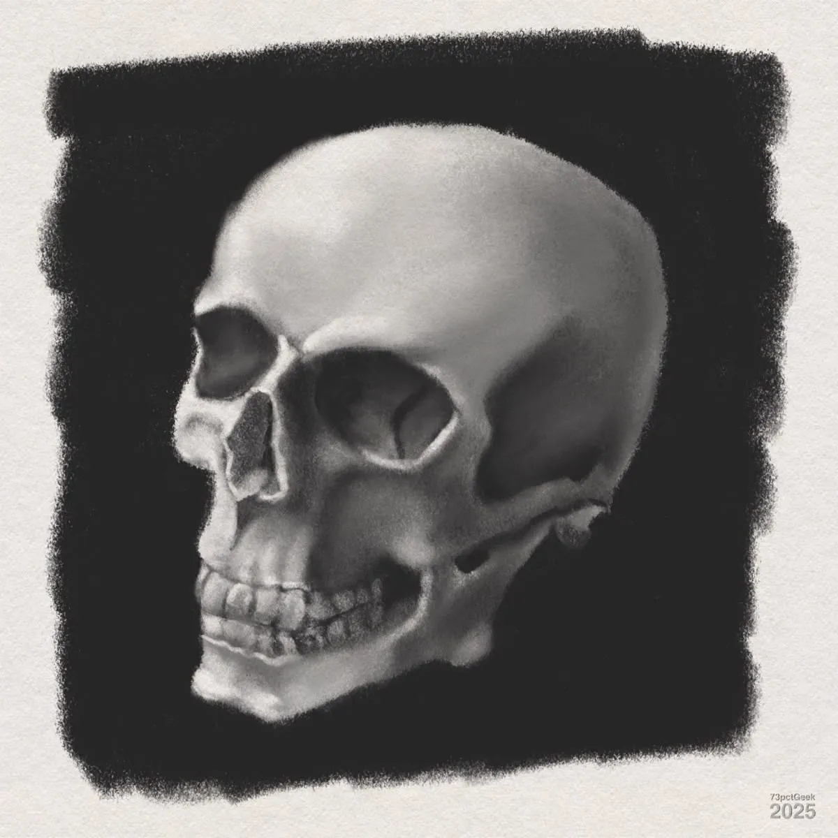 Digital charcoal drawing of a human skull, viewed from a slight angle. The skull is rendered in shades of gray with smooth shading and soft transitions. The background is a roughly shaded black area, creating strong contrast and making the skull stand out.