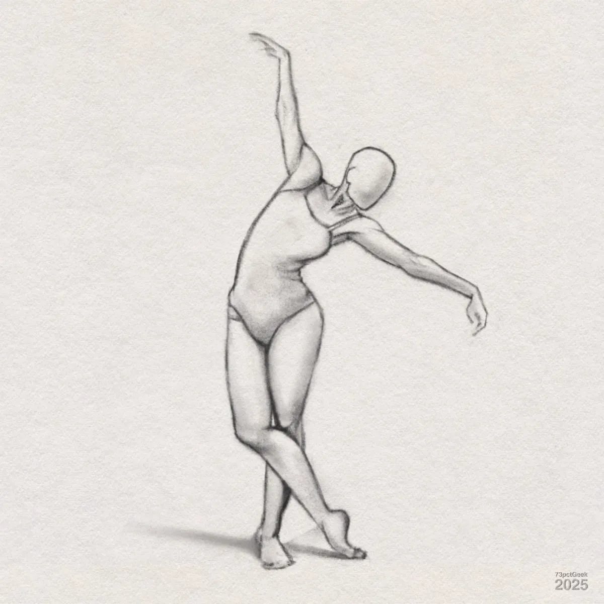 Digital graphite study of a faceless, standing woman’s figure in a dynamic, dancing pose. She wears a leotard and has one arm bent gracefully upward, the other extended outward, and her legs crossed at the knee with one foot pointed and resting against the ground, sole pointing upwards. The overall style is soft, with light shading giving depth and form. There is a small shadow on the ground beneath the figure.