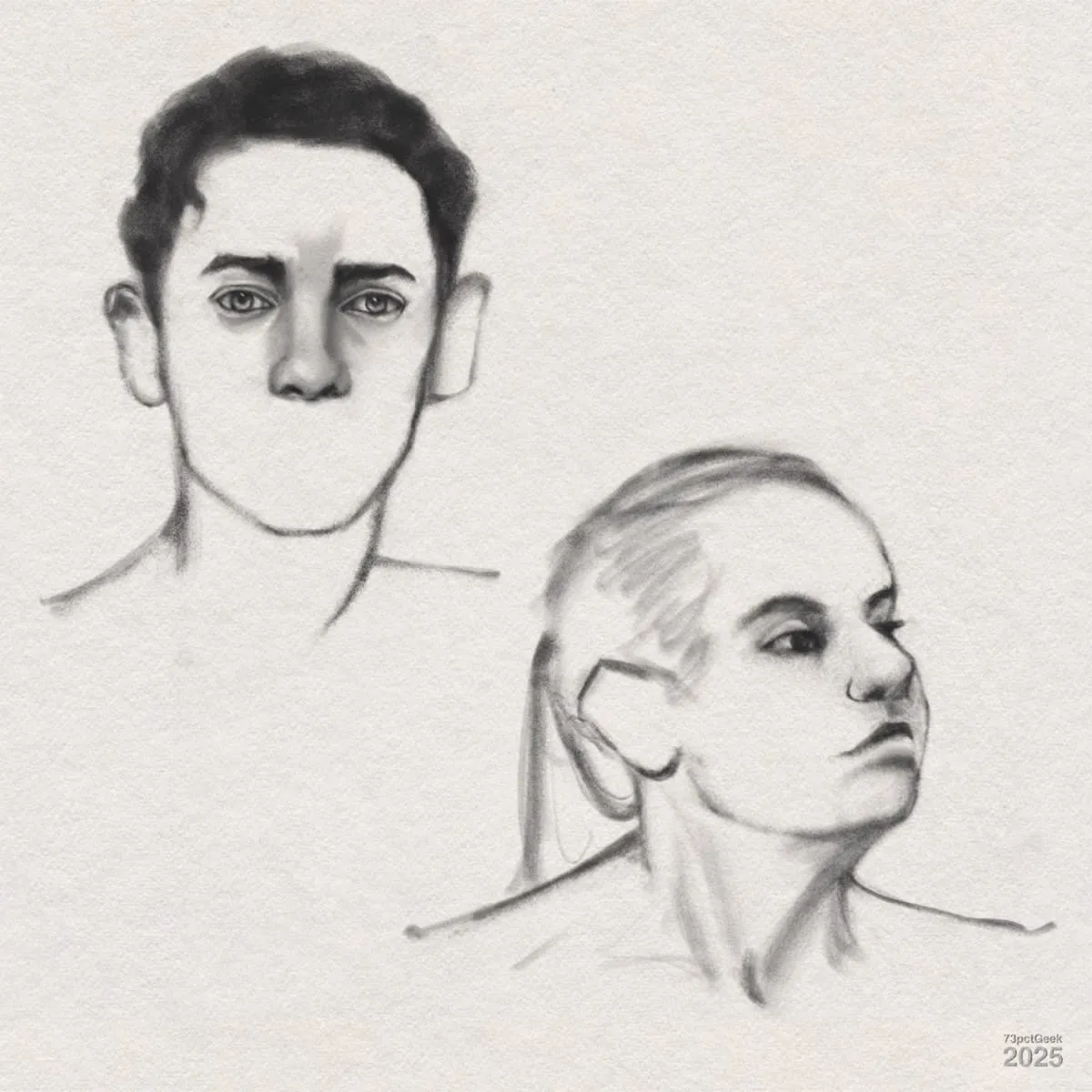 Digital graphite sketches of two heads, both unfinished. In the top left, a man with short curly hair is shown facing forward and has detailed eyes and a nose, but no mouth. To the lower right, a woman’s head, with long hair pulled back, is shown in three-quarter view.