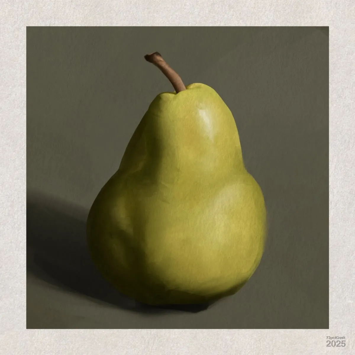 Digital painting of a pear. The pear is yellow-green in colour with subtle shading to indicate light and shadow, creating a realistic appearance. It has a brown stem at the top. The background is a simple, muted grey, with a darker shadow falling to the left side of the pear. The image is bordered by a light, textured frame.