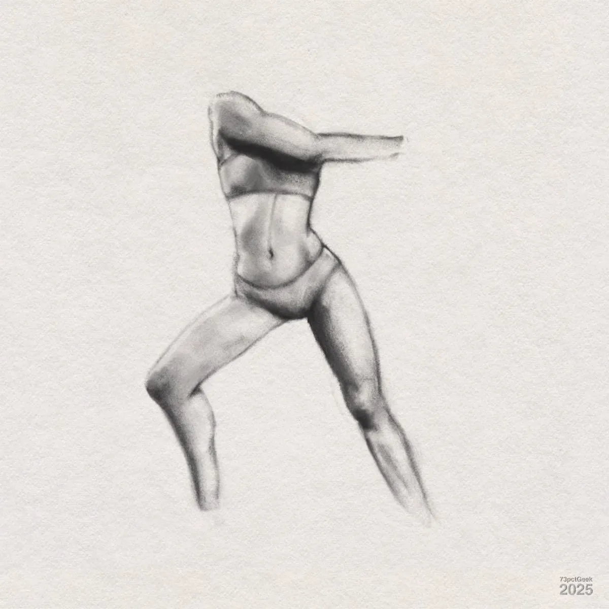 Digital graphite sketch of a headless, armless female figure in underwear, standing in a dynamic pose with one leg straight and the other bent. The figure's torso twists, the right arm extends across the chest, and shadows highlight muscle tone. 