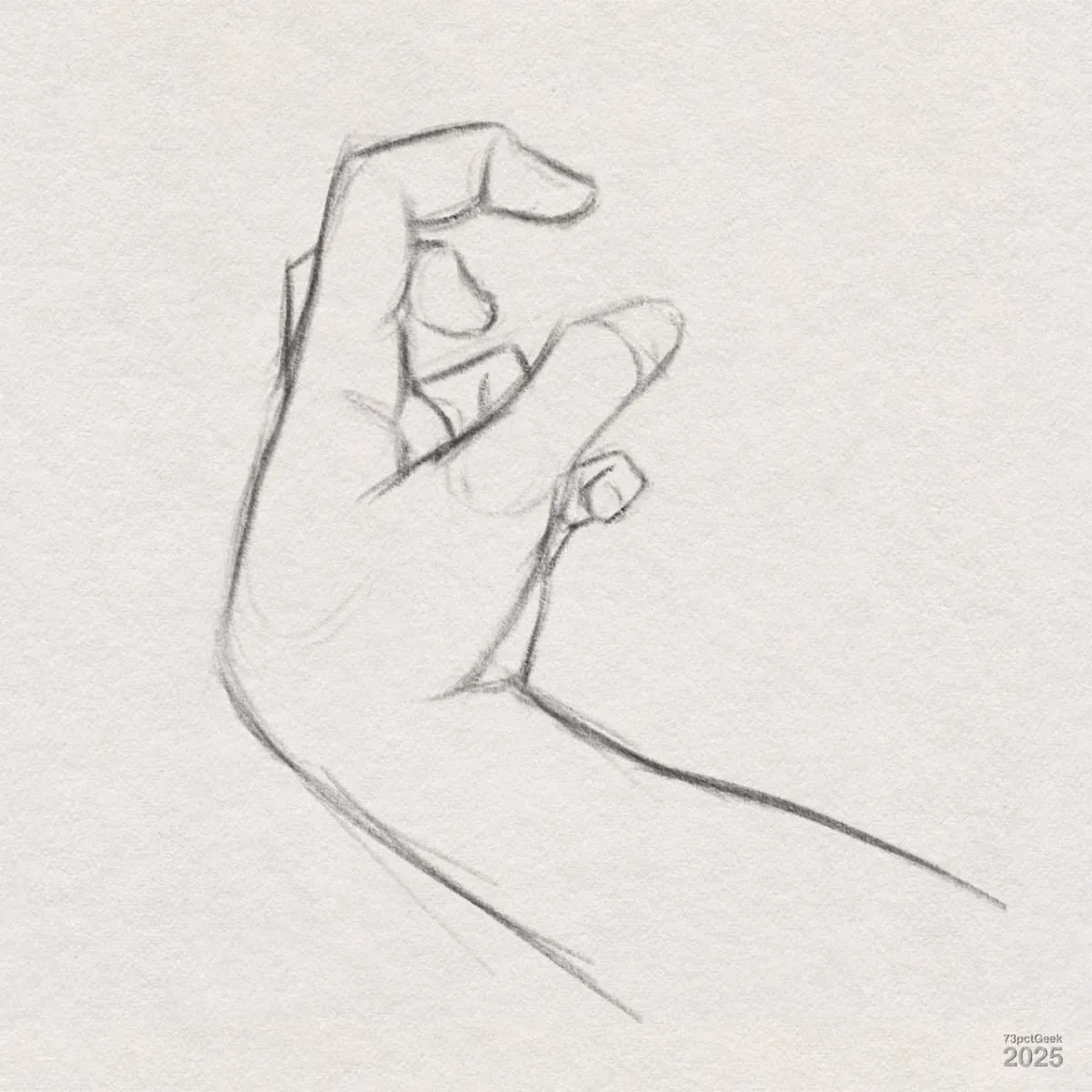 Digital graphite sketch of a hand. It is loosely curled with the thumb and index finger partially pinched together, while the other fingers are relaxed and slightly bent. The drawing is simple and uses soft lines with minimal detail, creating a gentle and sketchy look. 