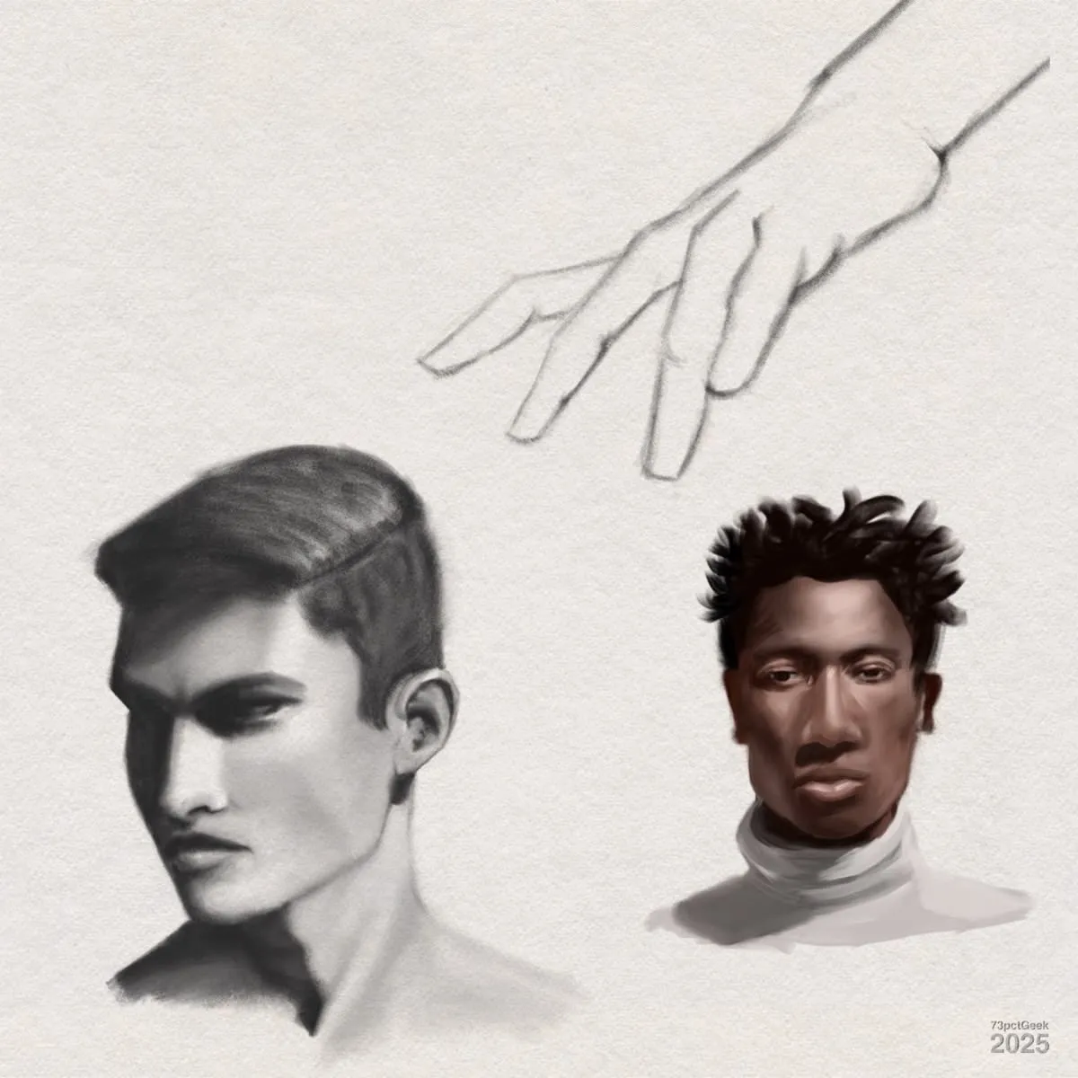 Three images, two monochrome sketches in digital graphite, and the third digitally painted in colour. Top right is a loosely sketched right hand, palm down, with fingers loosely spread and gently bent. Below the hand, to the left, is a greyscale portrait of a young man with flat, neatly styled hair, strong jawline, and a shadowed face, looking slightly to the left. In the lower right, there's a colour portrait of a young man with short hair, brown skin, and wearing a gray turtle neck jumper, facing forward with a neutral expression.