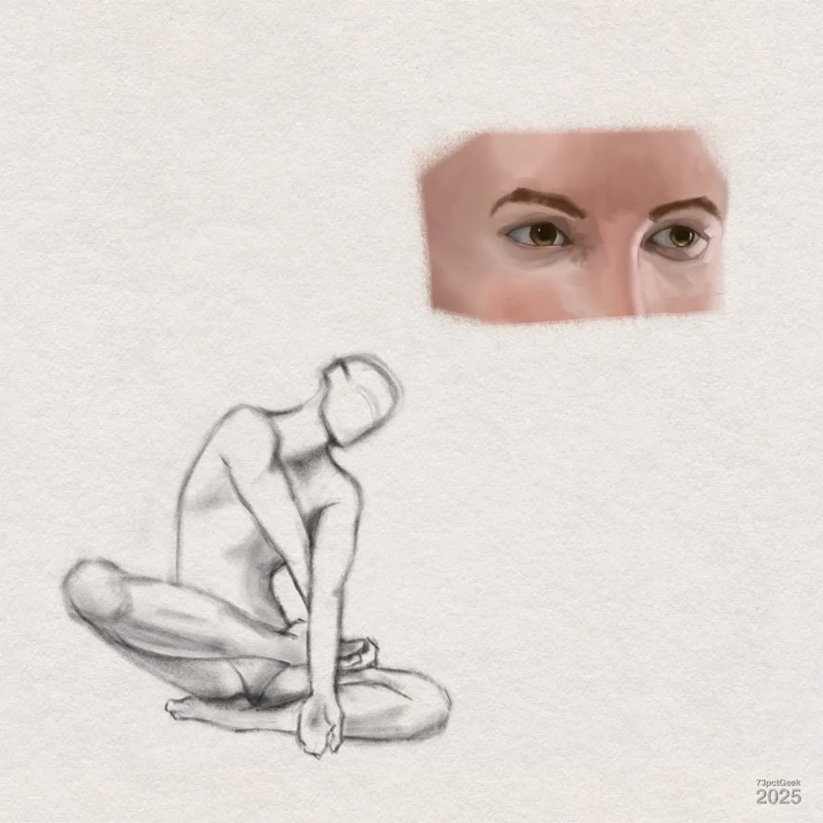 Upper right: a digital colour study of a person's brown eyes, eyebrows, and the bridge of the nose. Lower left: a digital graphite sketch of a seated, cross-legged female figure wearing a barely defined leotard. The woman is drawn with loose, gestural lines, and she lacks facial features and fingers.