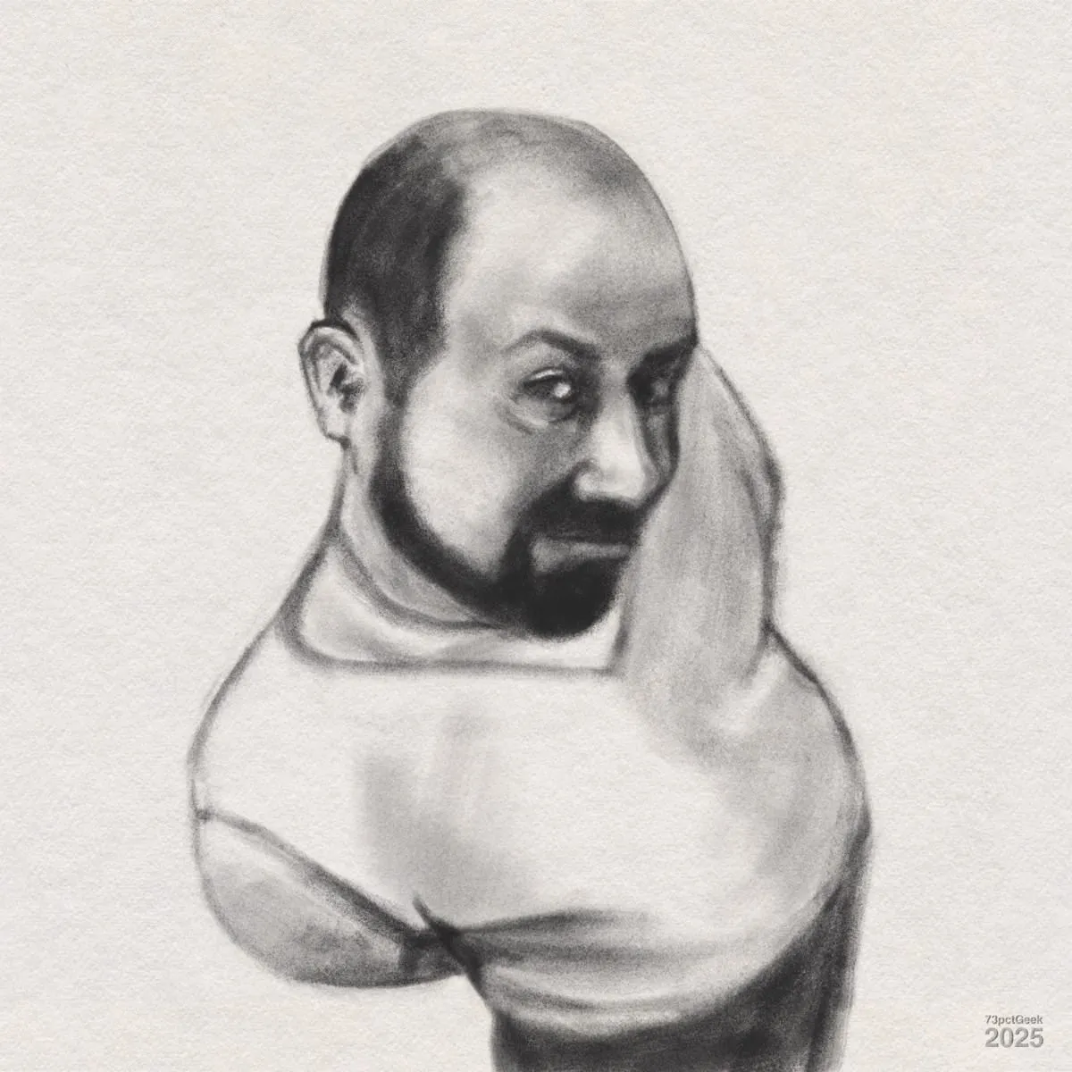 Digital painting of a ginger kitten with green eyes looking upwards.