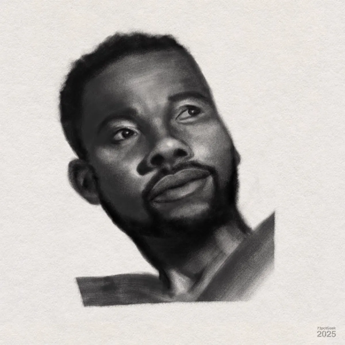 Digital graphite portrait of a man with short curly hair and a trimmed beard. He is gazing slightly upward and to the side with a soft, thoughtful expression. The drawing focuses on the face, with smooth shading and the background is plain, emphasizing the subject's features