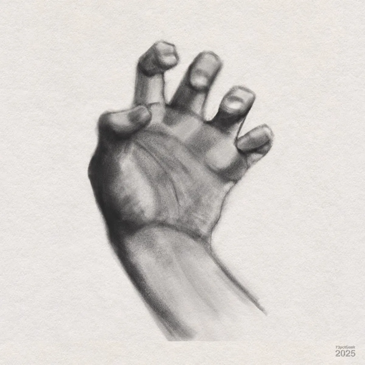 Digital graphite sketch of a hand. The hand is drawn from a perspective looking up at the palm, with the fingers spread and slightly curled inward as if grasping for something. The shading emphasises the contours and musculature of the hand, creating a sense of depth and realism.