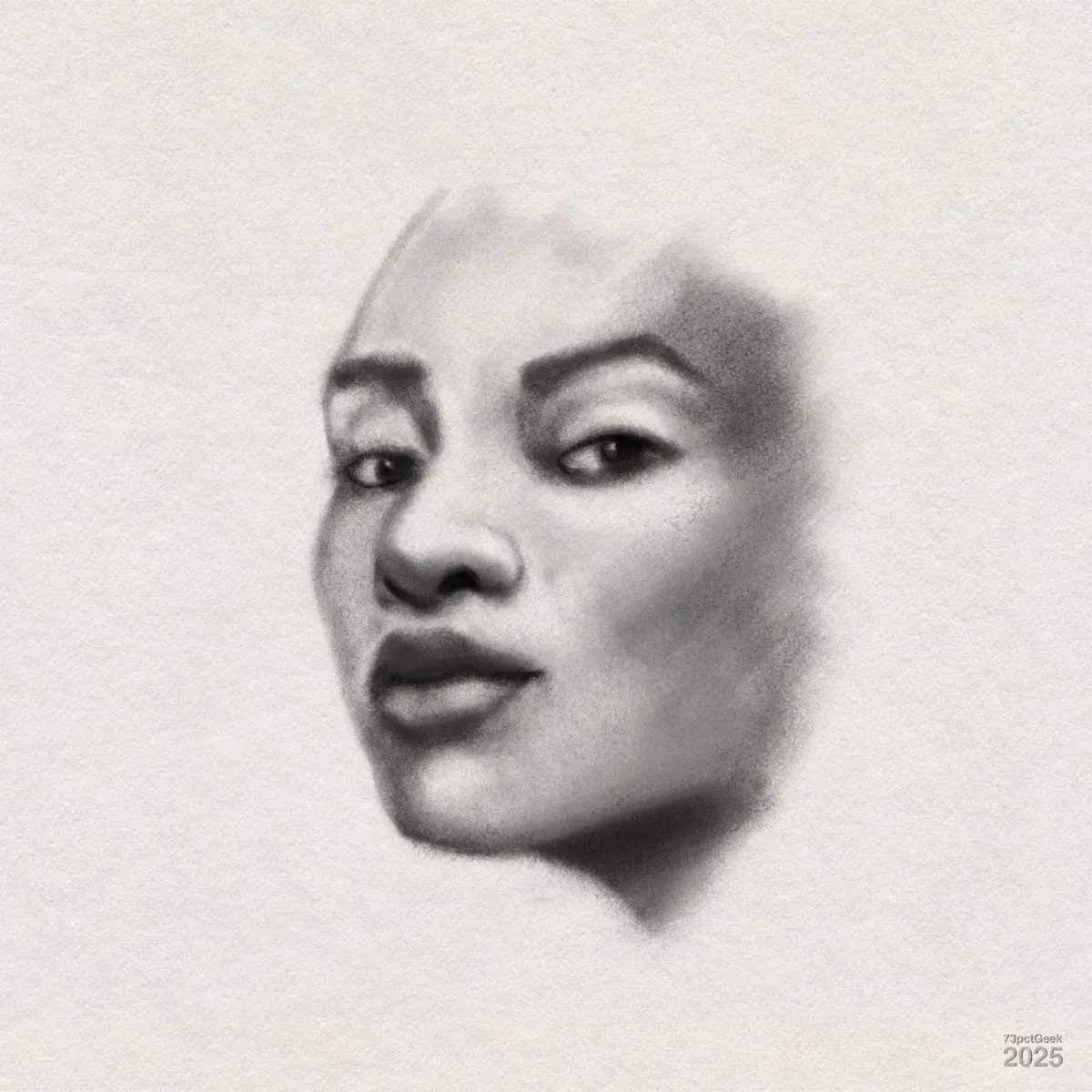Digital graphite sketch of a woman’s face. She is turned slightly to the side with a direct and slightly inquisitive expression, her lips slightly pursed. The features are softly rendered with smooth shading, giving depth and form, while the hair and background are left unfinished, blending into the paper texture.