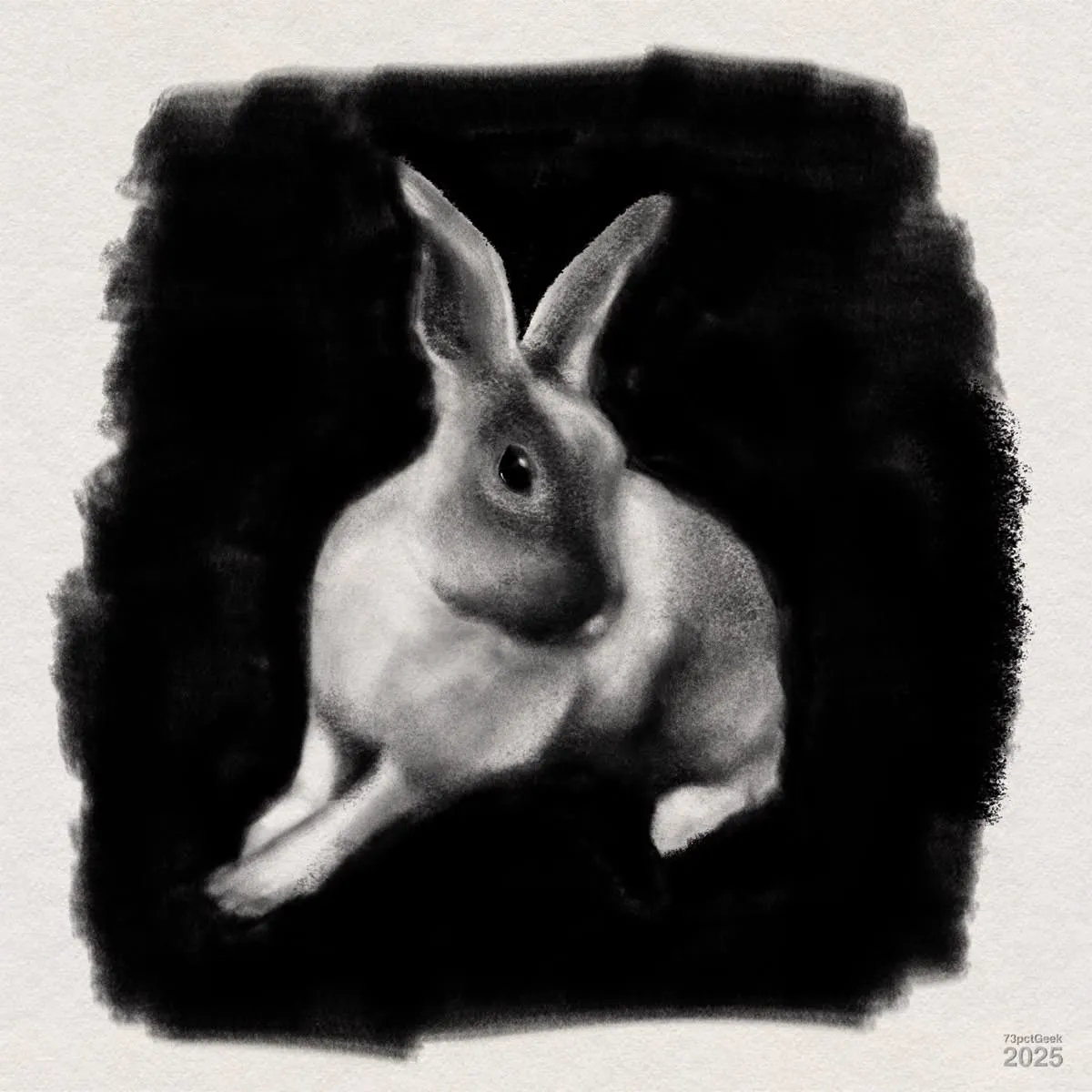 Digital graphite and charcoal drawing of a rabbit.