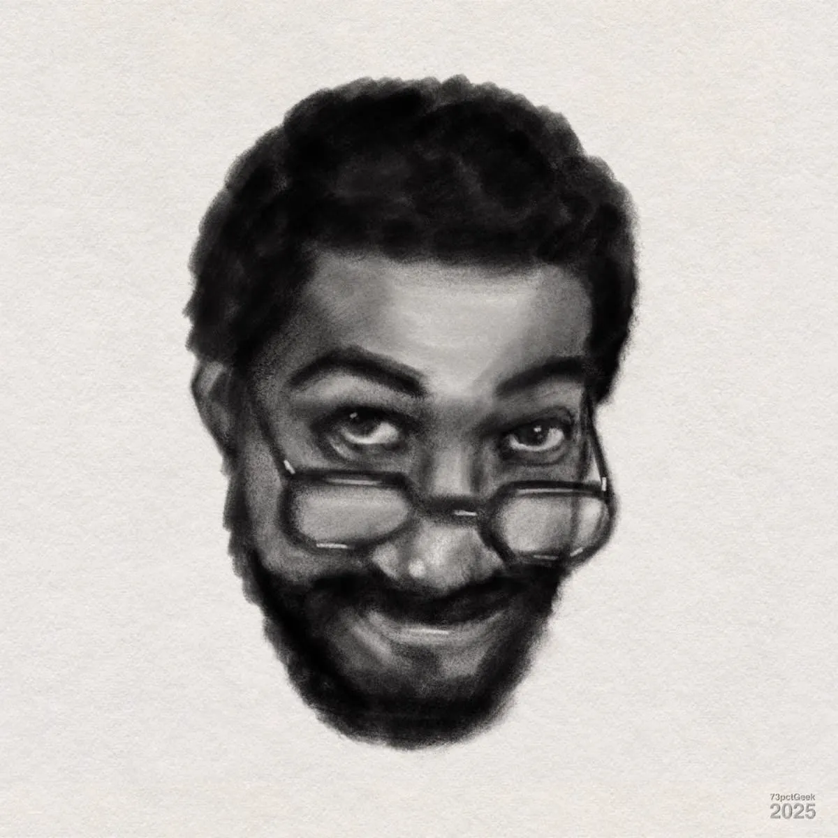 Digital graphite drawing of a man's face. He has a somewhat mischievous expression, and has short, dark, curly hair, a full beard, and is looking directly at the viewer over the top of a pair of glasses.