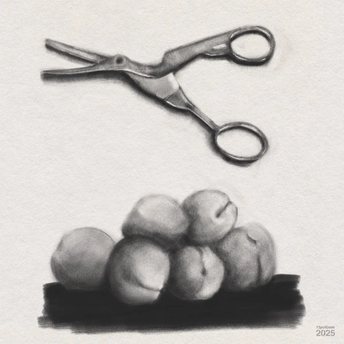Digital graphite sketch of a cluster of peaches. Above them, there is a pair of angled embroidery scissors. 