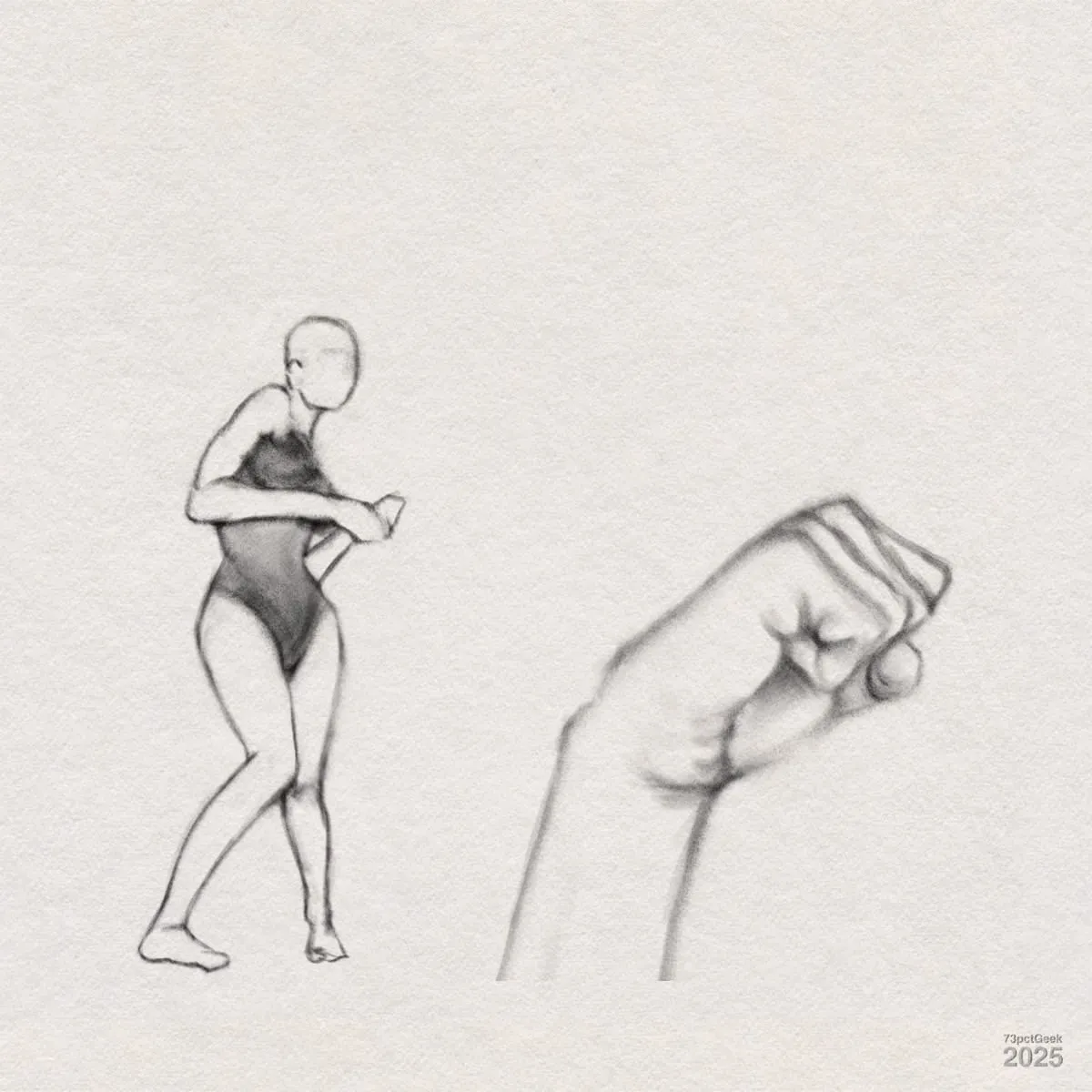Digital graphite sketches of a woman in a leotard and a close-up of a fist. She stands in a slightly crouched pose with her arms bent at the elbows. Her face is left blank, and featureless. To the right, there is an enlarged hand clenched into a fist.