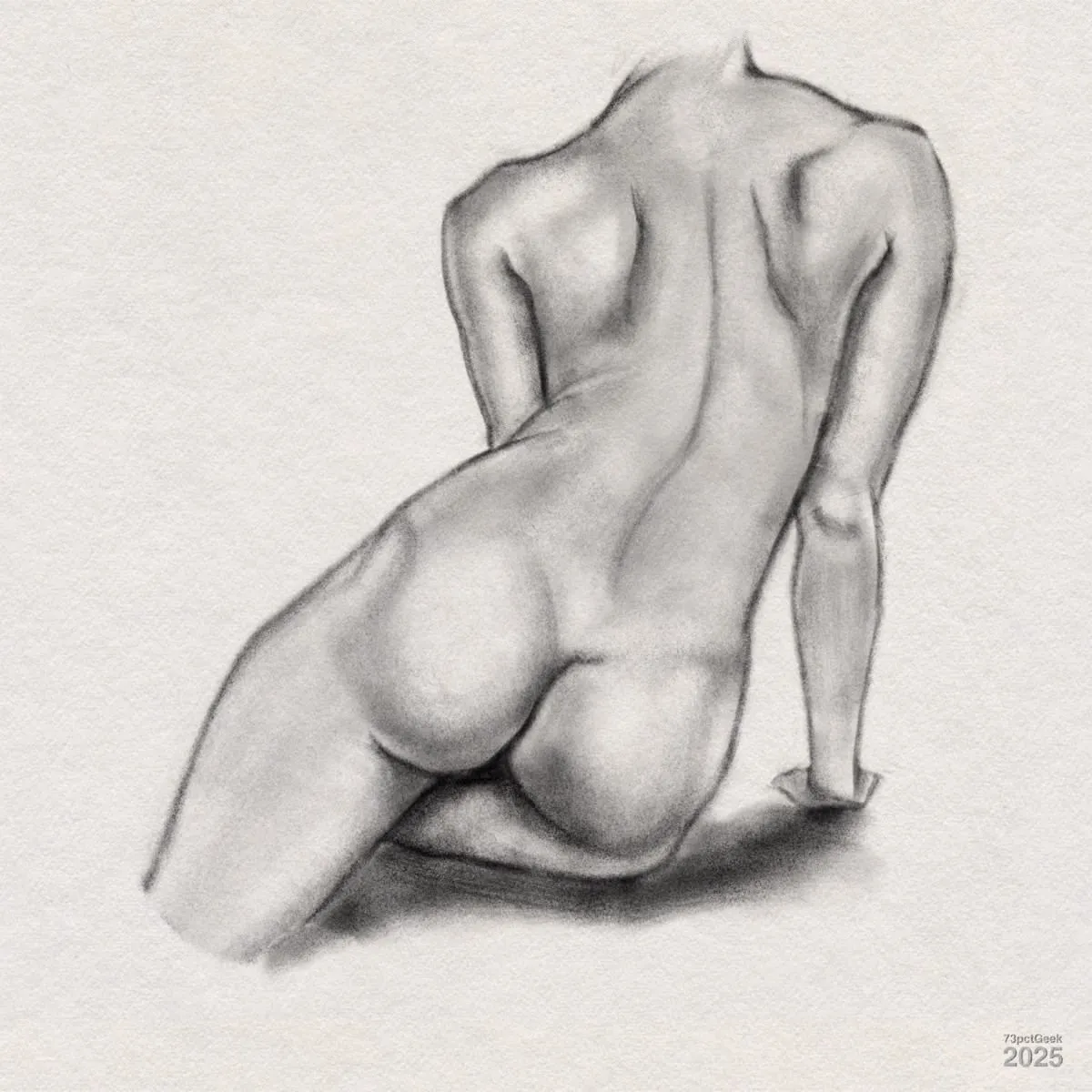 Digital graphite drawing of a seated nude figure seen from behind, resting on one hand. The muscles of the back, shoulders, and lower body are softly shaded, giving the image depth and dimensionality. The head, and legs are unfinished, and the focus is on a study of the natural curves and lines of the body.