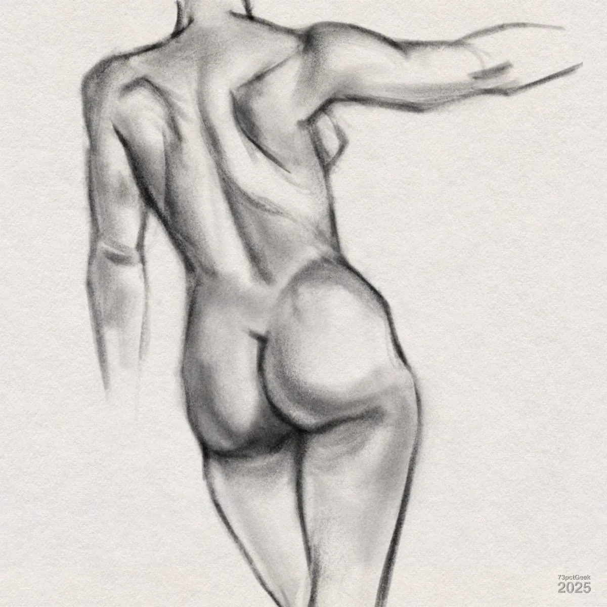 Digital graphite figure drawing of a woman’s nude back and buttocks, rendered with soft shading and visible sketch lines. She stands with one arm hanging down and the other extended outward. The anatomical details of the muscles and form are emphasized through the shading. The overall style is classical, focusing on the human form.