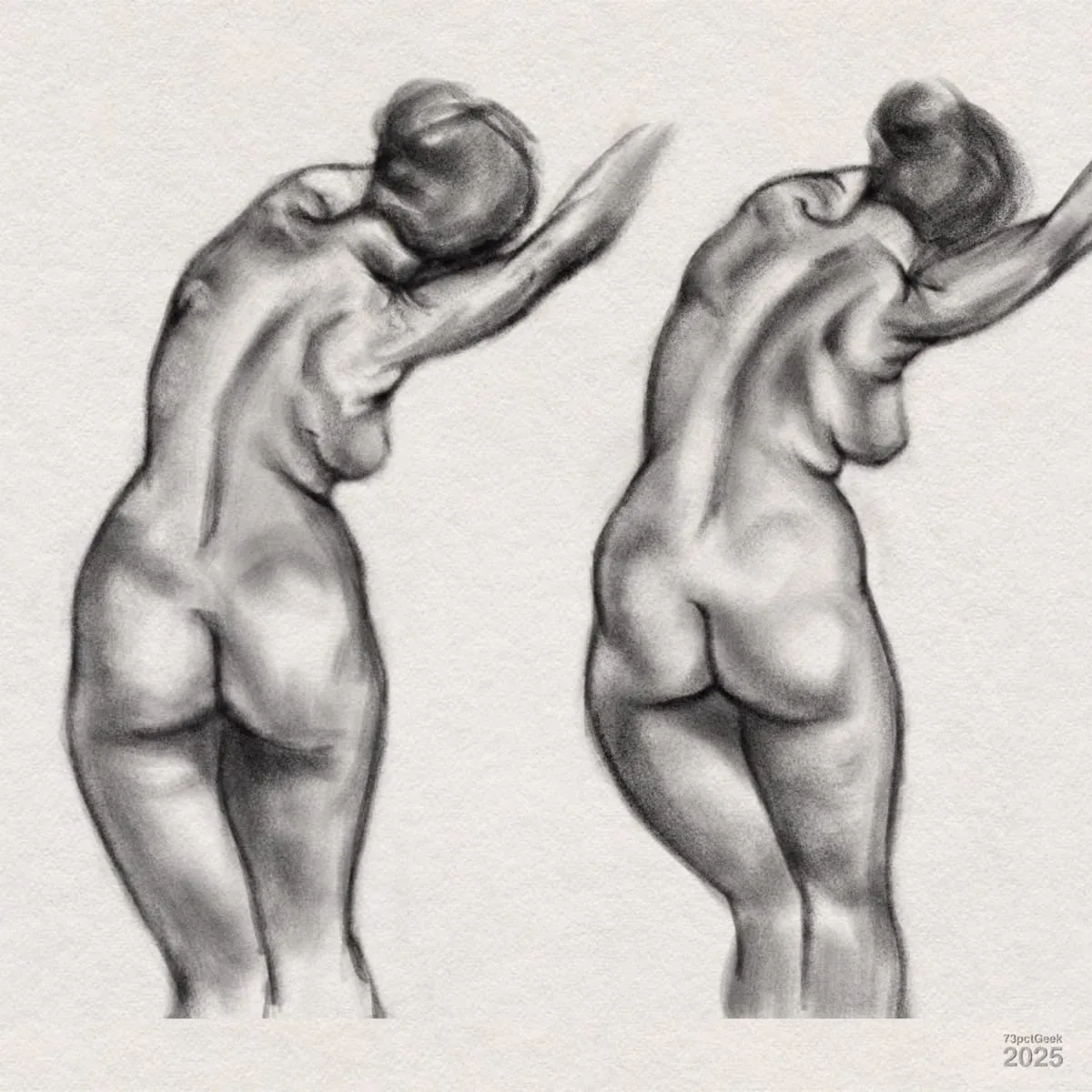Digital graphite figure study of a nude woman, seen from behind. There are two separate attempts at a full-body sketch side by side, both showing the same woman leaning slightly forward with her arms reaching up and to the right. The drawings emphasize the back, buttocks, and shoulders, highlighting musculature and form with soft shading.