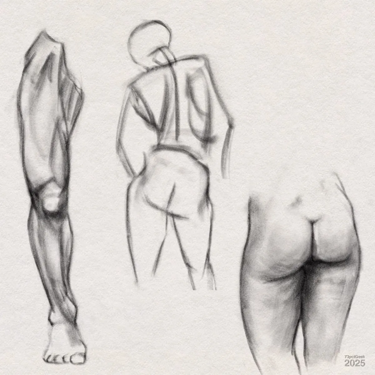 Digital graphite figure studies of three subjects: to the left is a human leg with visible muscle definition, in the centre is a loose sketch of a standing figure seen from behind with a simple outline and blocky torso, and the right is a more detailed drawing of buttocks and upper thighs viewed from behind.