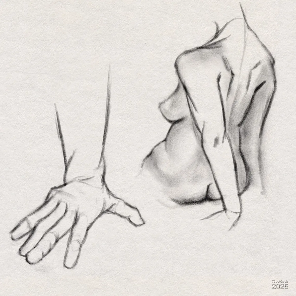 Digital graphite sketches. On the left, a drawing of an outstretched hand seen from above, fingers spread apart and pressing downward. On the right, there is a sketch of a human torso seen from the back and side, with the curve of the spine, shoulder blades, and arms extending down. The style emphasises contour lines and soft shading to suggest muscle and form.
