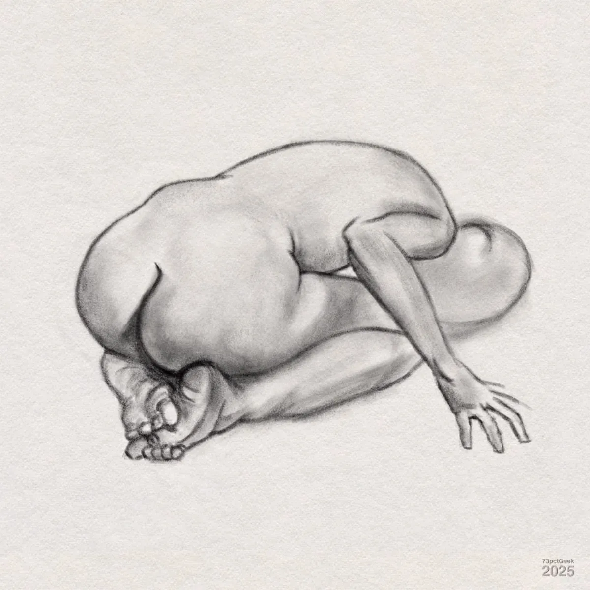Digital graphite sketch of a nude figure, hunched over, and kneeling on the ground. The figure faces away, with feet and buttocks towards the viewer, the head fading into nothingness. One arm reaches out to the side. The skin is shaded, enhancing the contours of the form.