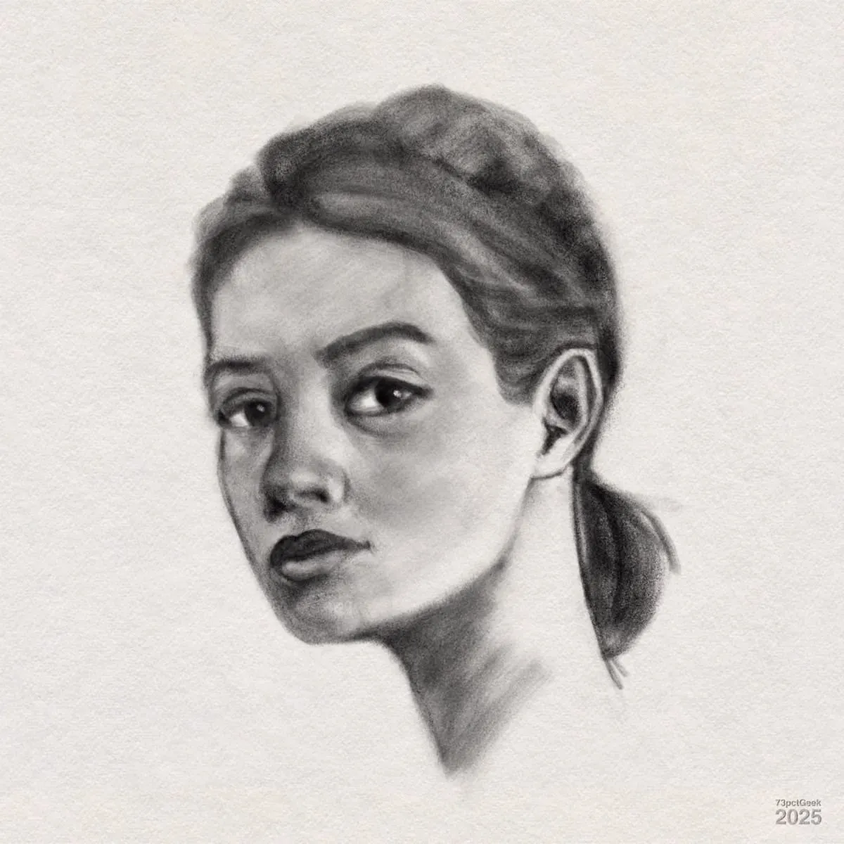 Digital graphite sketchy portrait of a young woman, gazing directly ahead with a neutral expression. Her hair is parted and gathered back, and her features are softly rendered with smooth shading to create depth and realism.