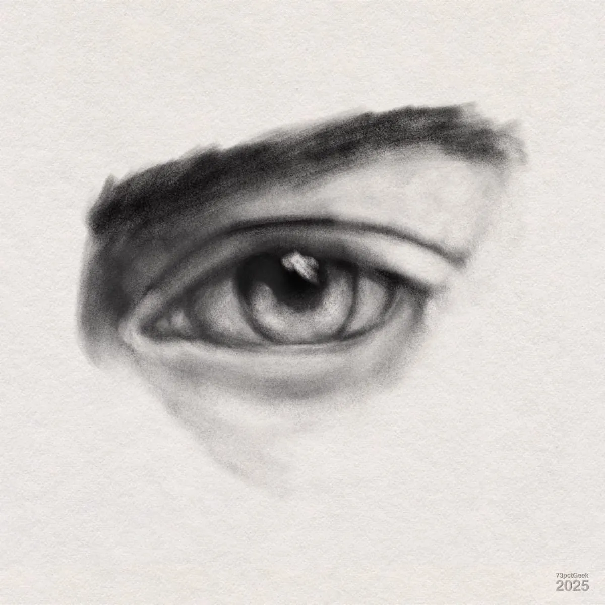 Digital graphite sketch of a realistic, human eye with a prominent eyebrow above it. The shading creates depth around the eyelid, emphasising the shape of the eye.