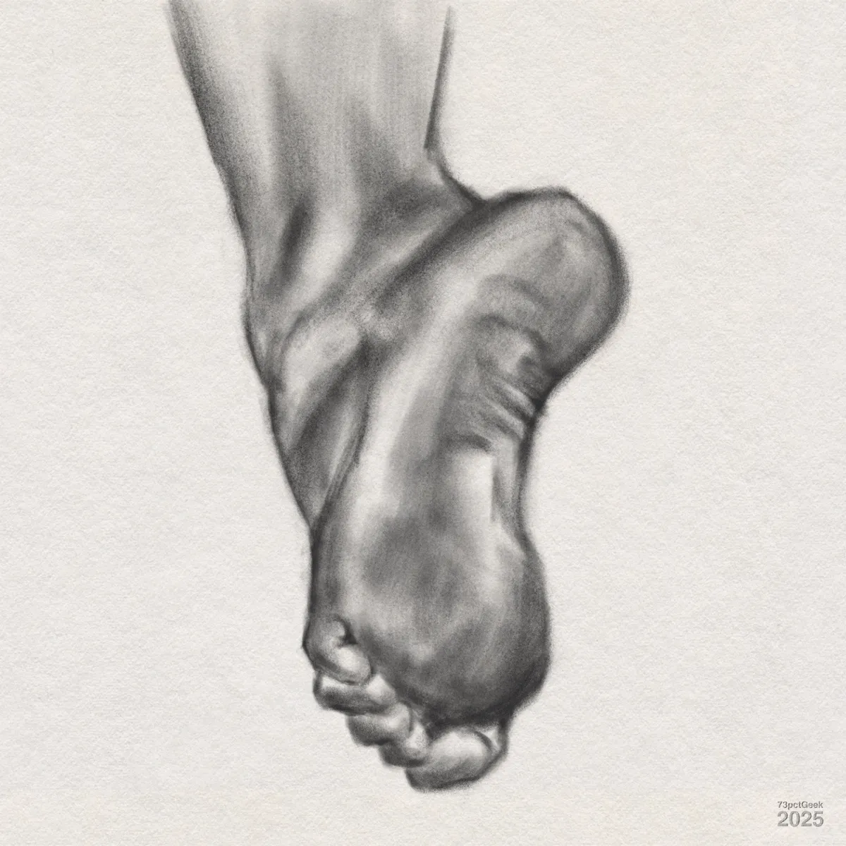 Quick digital graphite sketch of a human foot seen from below. The perspective highlights the sole, arch, and toes, capturing the natural creases and contours of the skin. The shading attempts to bring out the 3D form and texture.