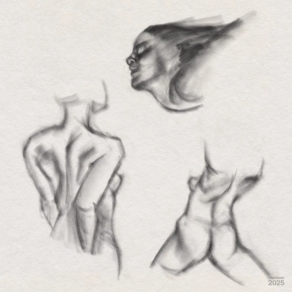 Digital graphite sketchy studies of human anatomy. The image features three figures: in the upper left, a sketch of a back view of a torso with arms crossed behind; in the upper right, a side profile of a face and head with flowing hair, blending into the background; and at the bottom right, a partial back and buttocks view with a focus on the musculature. The sketches emphasize contours and shading, giving a sense of depth and motion.