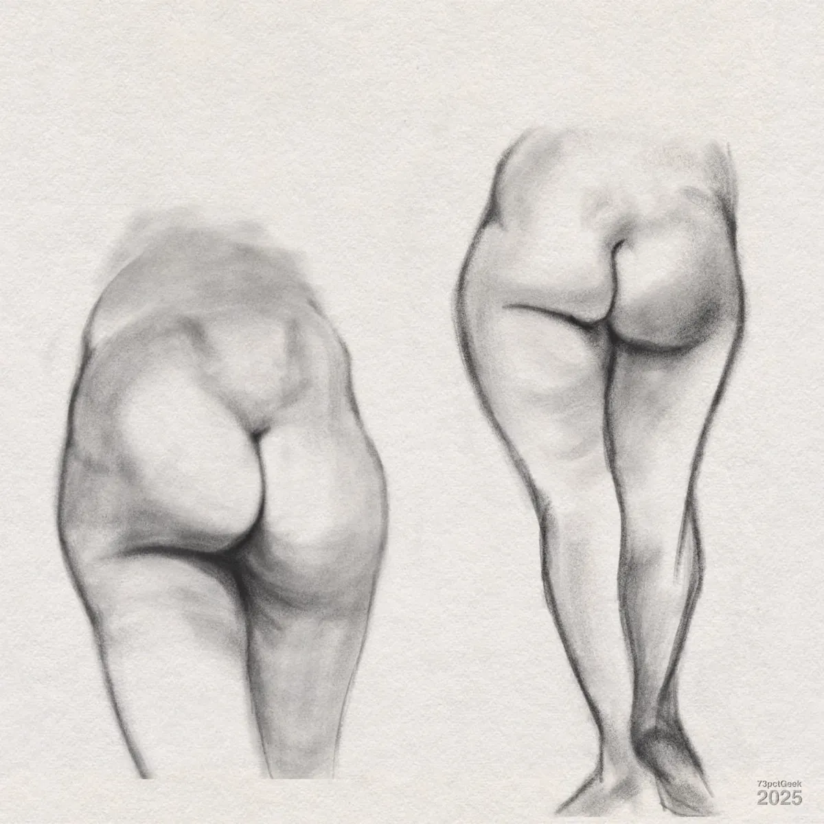 Digital graphite sketch of two women’s lower bodies from the back, focusing on the buttocks and legs. The figures are shown with softly shaded musculature and curves, with the left figure standing straight and the right figure slightly bending one knee.