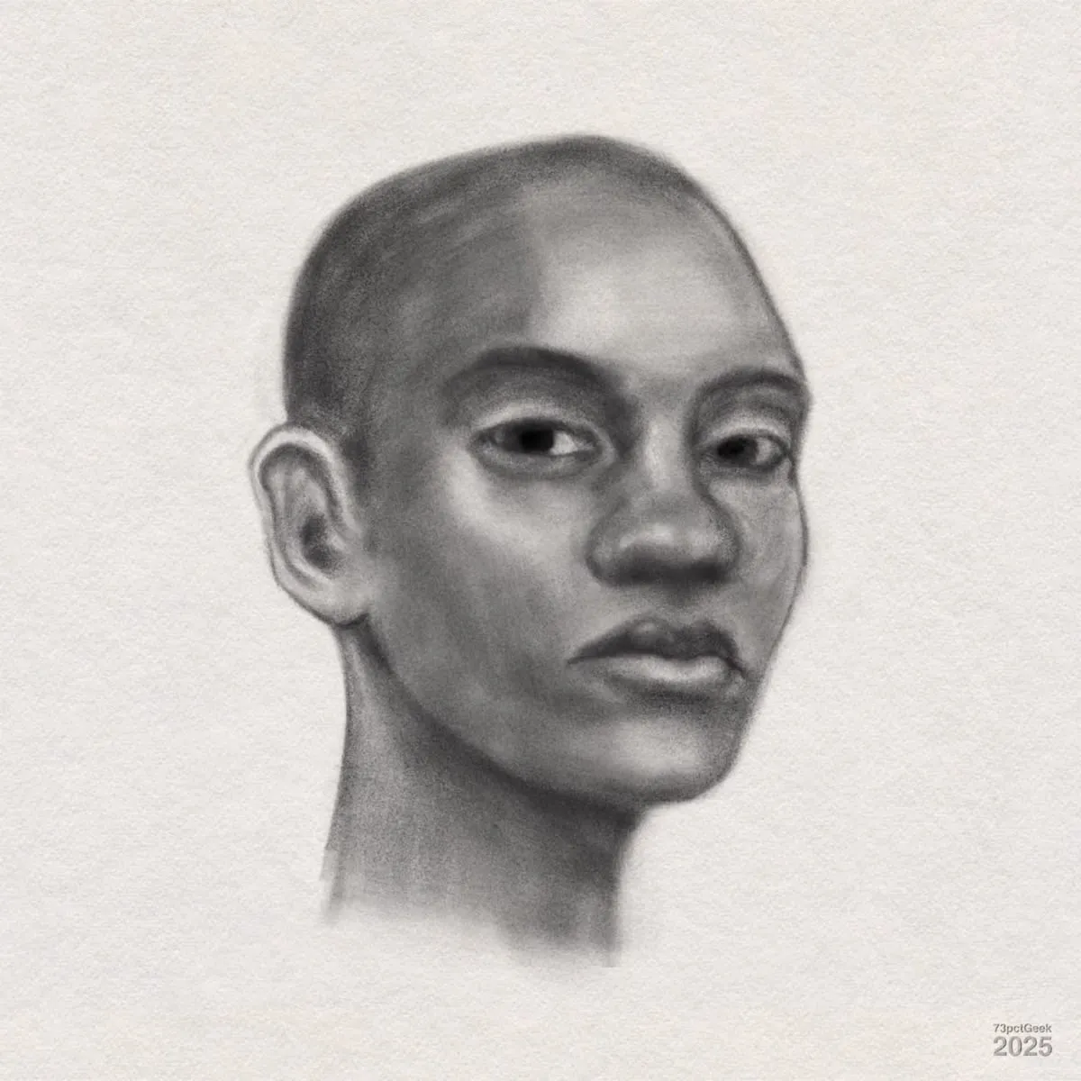 Digital graphite portrait sketch of a woman with a bald head, dark eyes, and full lips. The face is rendered in a three-quarter view, with the head slightly turned to the right. The person's expression is calm and serious.