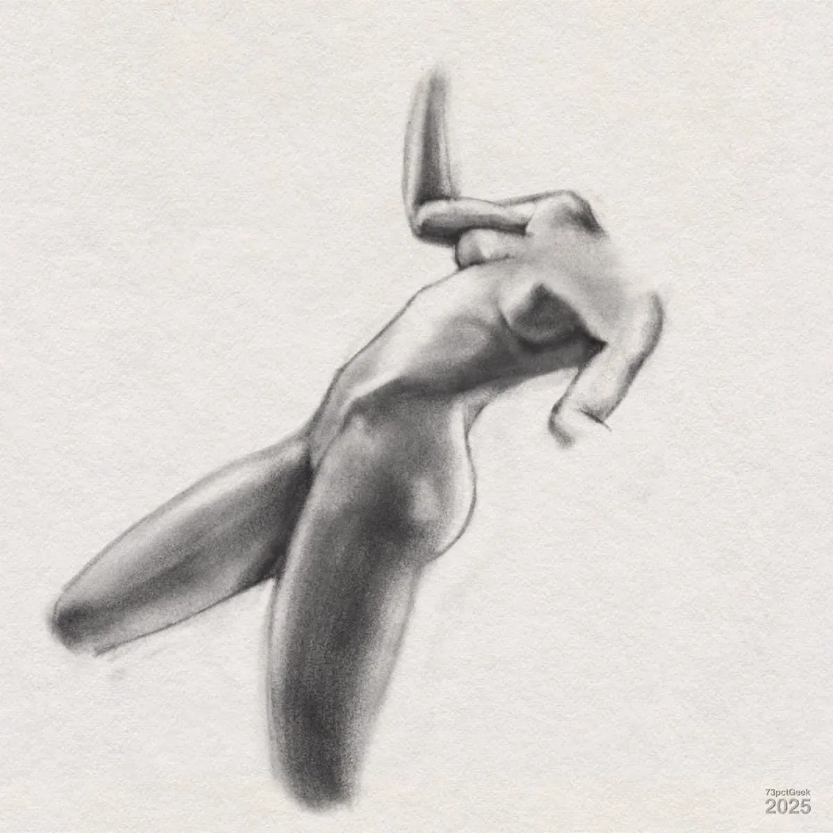 Digital graphite sketch of a nude female torso in a dynamic pose. The figure is depicted from the shoulders to the upper thighs, with the head and lower extremities not included, and the shading attempts to emphasise muscle and form. 
