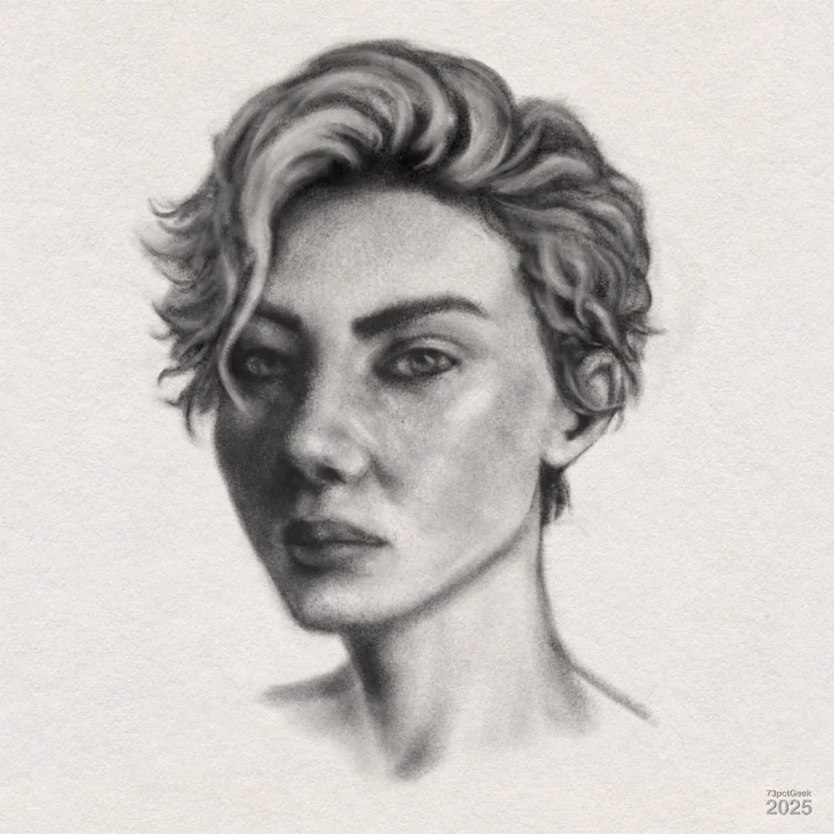 Digital graphite portrait of a woman with short, wavy hair. She has strong facial features, including defined cheekbones and eyebrows, and is gazing slightly off to the left. The shading creates depth, and form, especially around the eyes, nose, and lips.