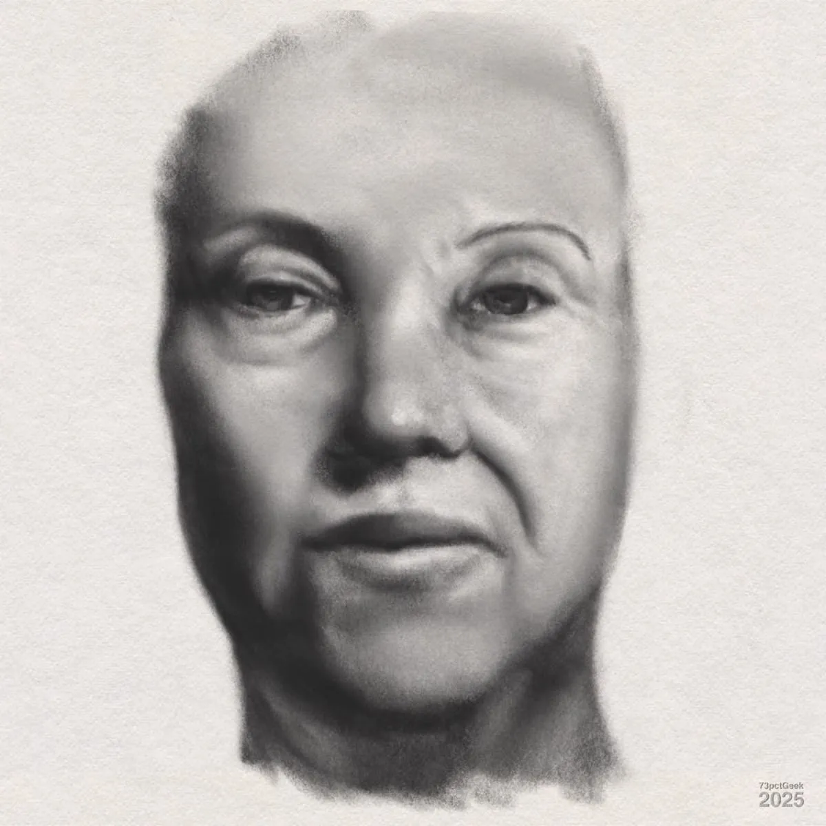Unfinished digital charcoal portrait of a woman. Shading highlights the contours of the cheeks, nose, and lips. The facial expression is neutral, with slightly pursed lips and eyes looking straight ahead. Fine lines around the eyes and mouth suggest age.